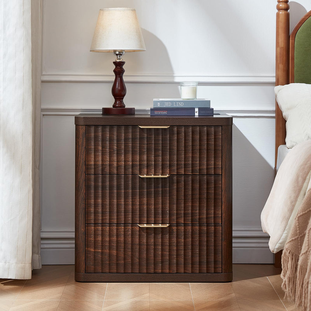LEYAOYAO 23" Wide Fluted Night Stand with Charging Station, 3 Drawers Large End Table with Storage, LightGrey Nightstand Wood Bedside Tables, Farmhouse Cabinet Dresser for Bedroom, Closet