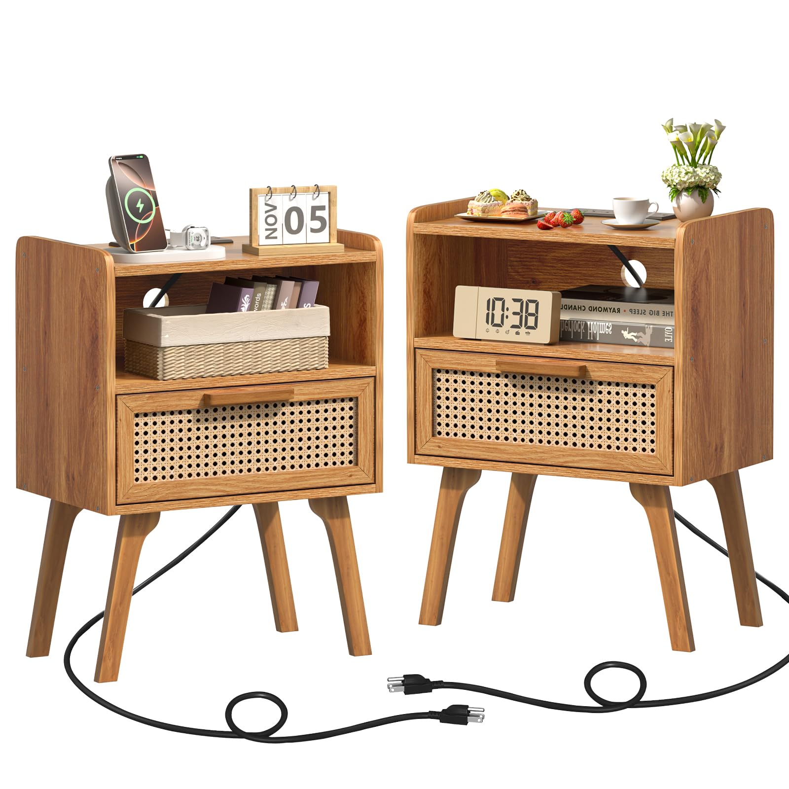Lerliuo Rattan Nightstand with Charging Station, Boho Night Stand
