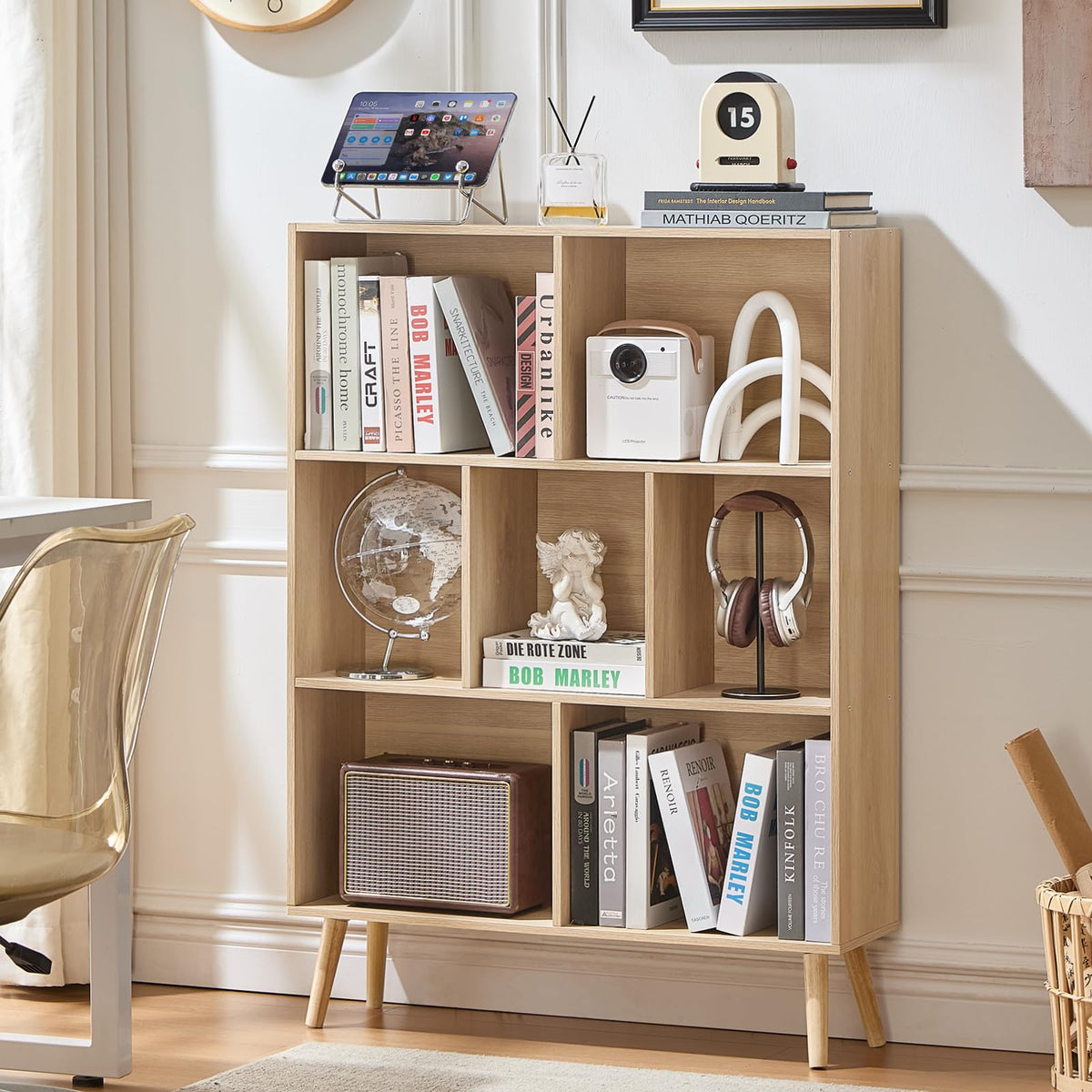 LEYAOYAO Cube Bookshelf, Mid-Century Modern Book Shelf with Legs, Brown