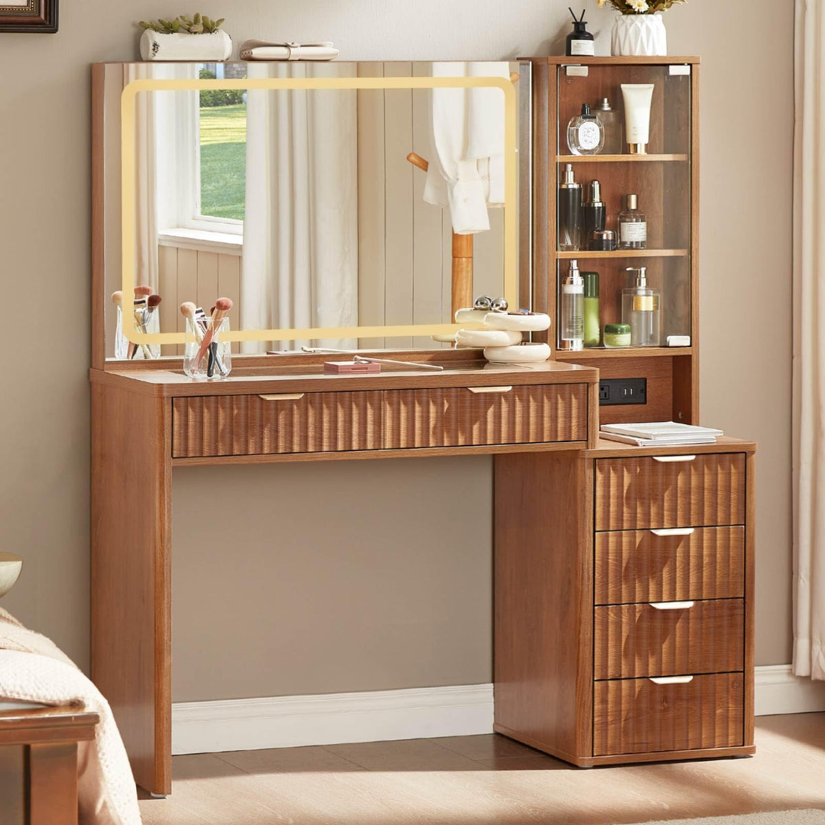 LEYAOYAO Fluted Makeup Vanity Desk with Mirror and Lights, 43.5''