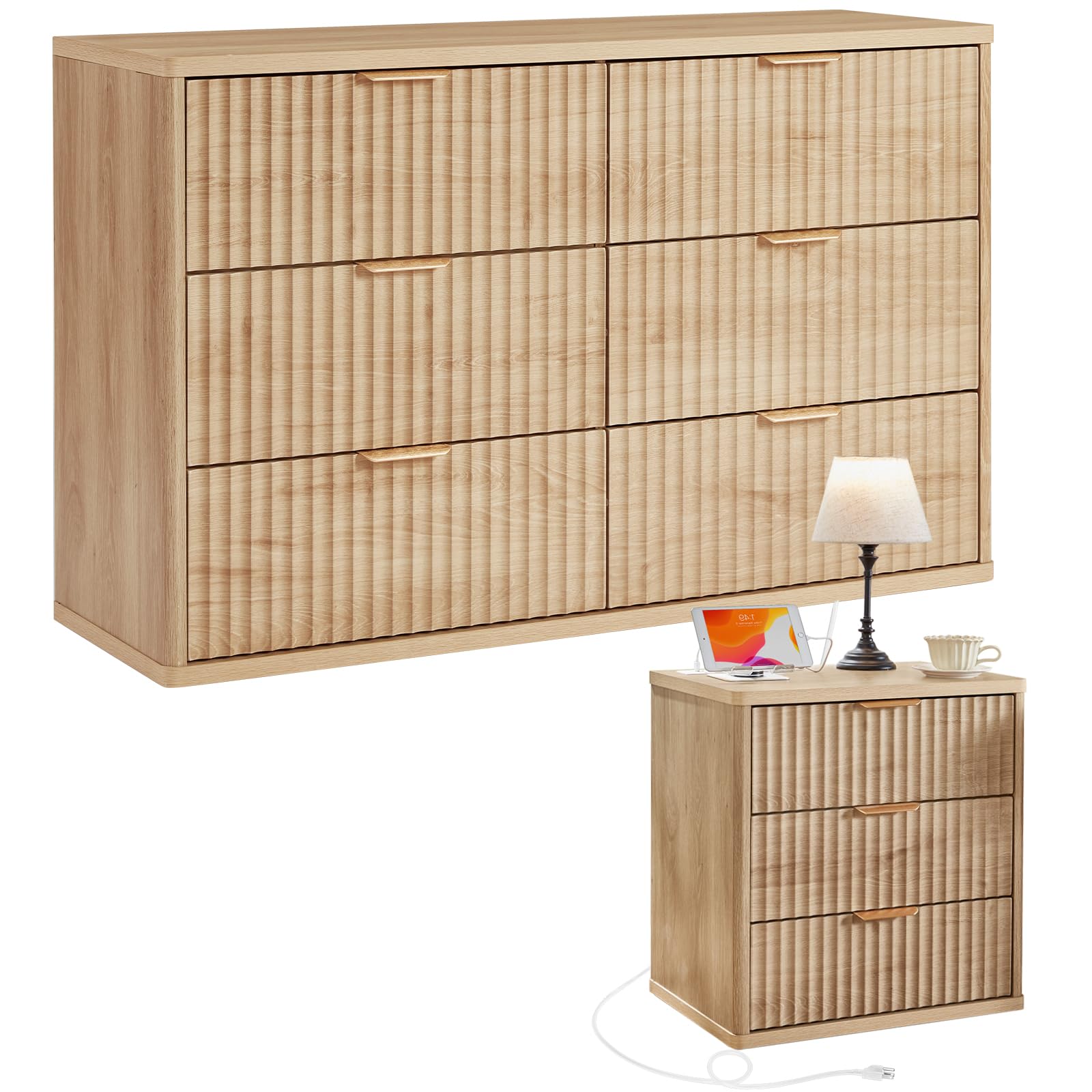LEYAOYAO Fluted Dresser and Nightstand Sets, Wood 48" Wide Dresser & 23" Night Stand with Charging Station, 2 Piece Bedroom Furniture Set, Chest of Drawers for Bedroom,Living Room, Antique White