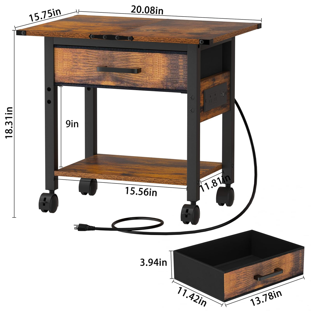 Lerliuo Under Desk Rolling Printer Stand with Drawer, 2-Tier Industrial Mobile Printer Table Desk with Storage Shelf and Steel Frame, Printer Cart Holder with Lockable Wheels for Home, Office (Brown)