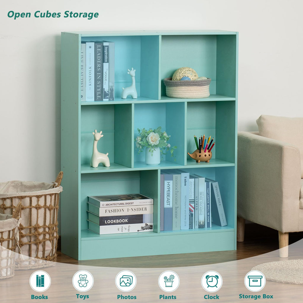 LEYAOYAO 7 Cube Bookshelf with Base,3 Tier Mid-Century Modern Blue Bookcase,Standing Wide Bookshelves Storage Organizer Shelf,Rustic Wood Display Cabinet Book Shelves for Bedroom,Living Room,Office