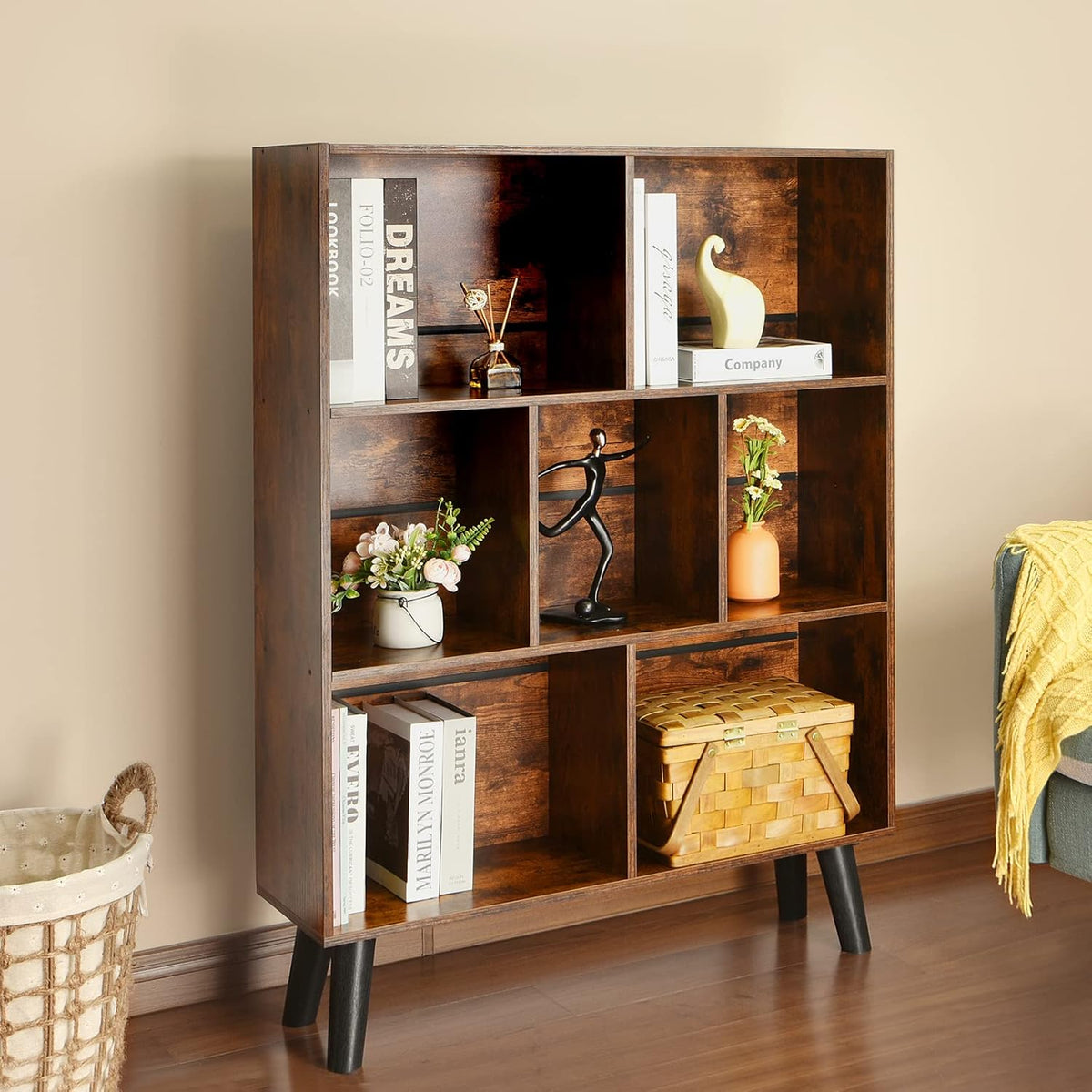 LEYAOYAO Brown Bookshelf and Record Player Stand