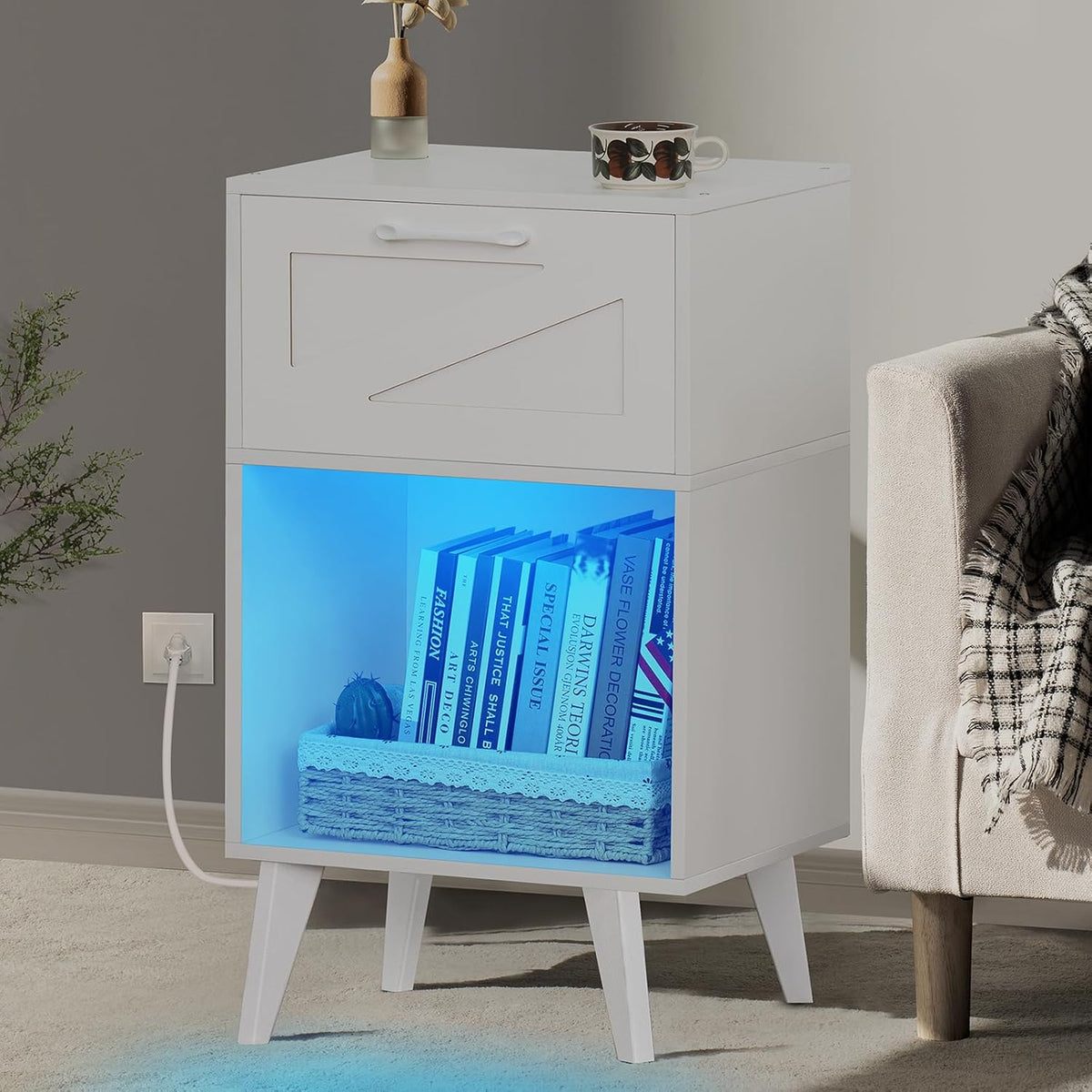Lerliuo Nightstand with Charging Station and Led Lights,Modern Beside Table with Drawer and Open Storage Shelf,Night Stand with USB Ports and Outlets,White Wood Side Table for Bedroom