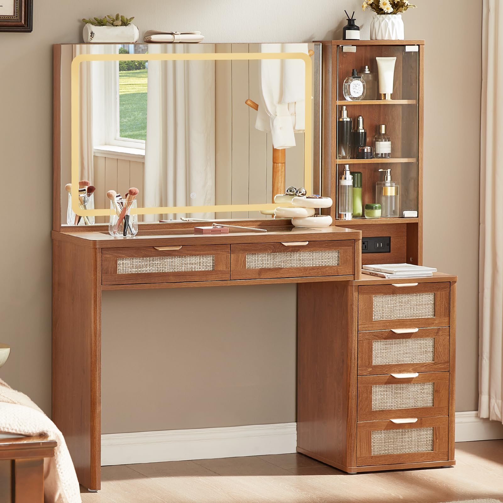 LEYAOYAO Rattan Makeup Vanity Desk with Stool, Mirror and Lights