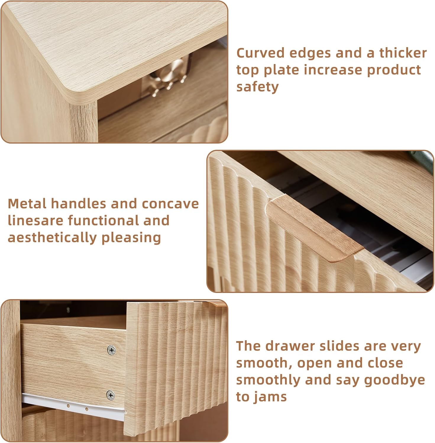 LEYAOYAO 23" Wide Fluted Night Stand with Charging Station, 3 Drawers Large End Table with Storage, Natural Nightstand Wood Bedside Tables, Farmhouse Cabinet Dresser for Bedroom, Closet