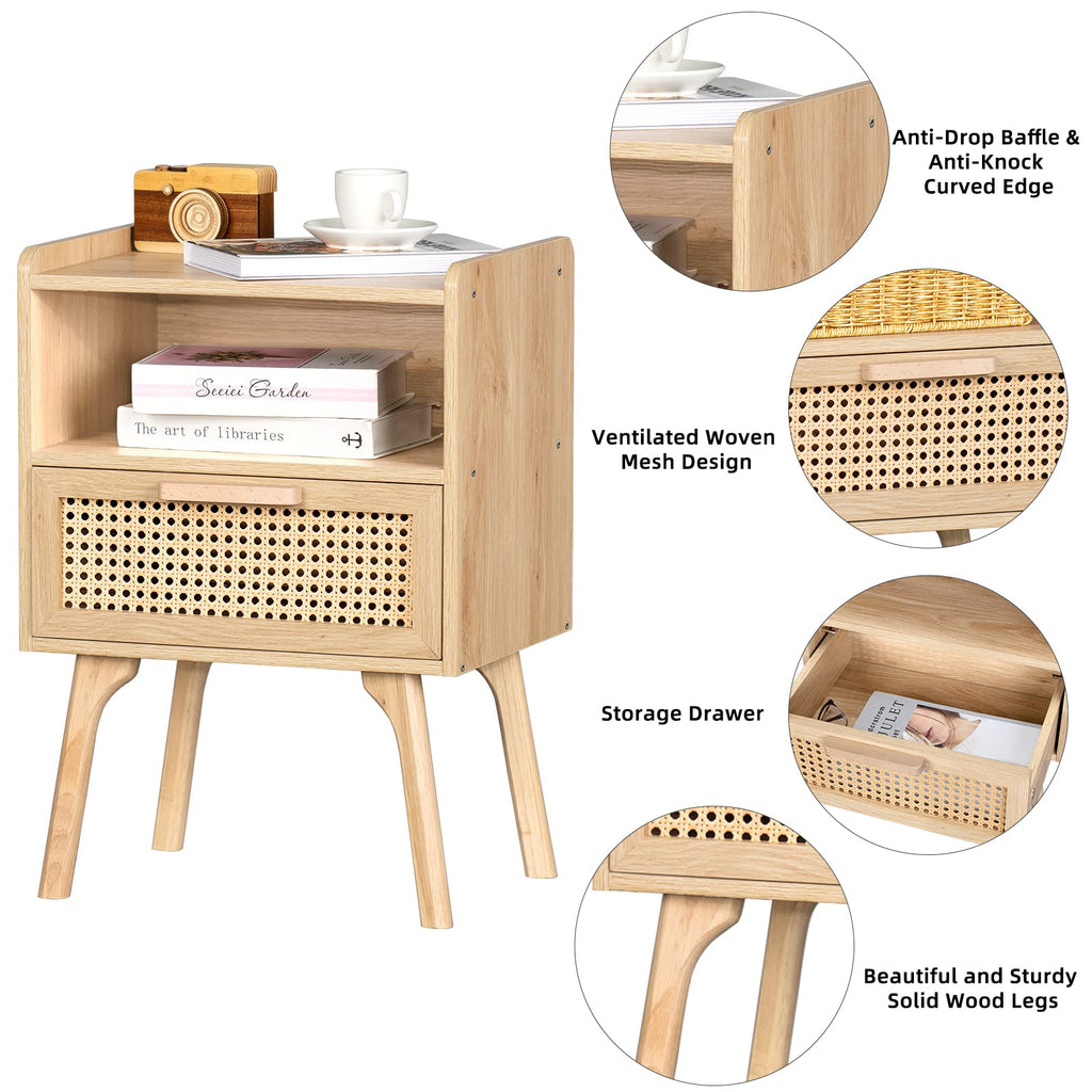 Lerliuo Rattan Nightstand, Boho Side Table with Drawer Open Shelf
