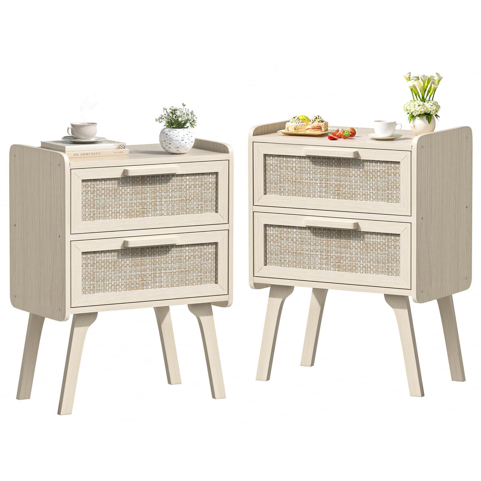 Lerliuo Rattan Nightstands Set of 2 for Bedroom, 2 Drawers