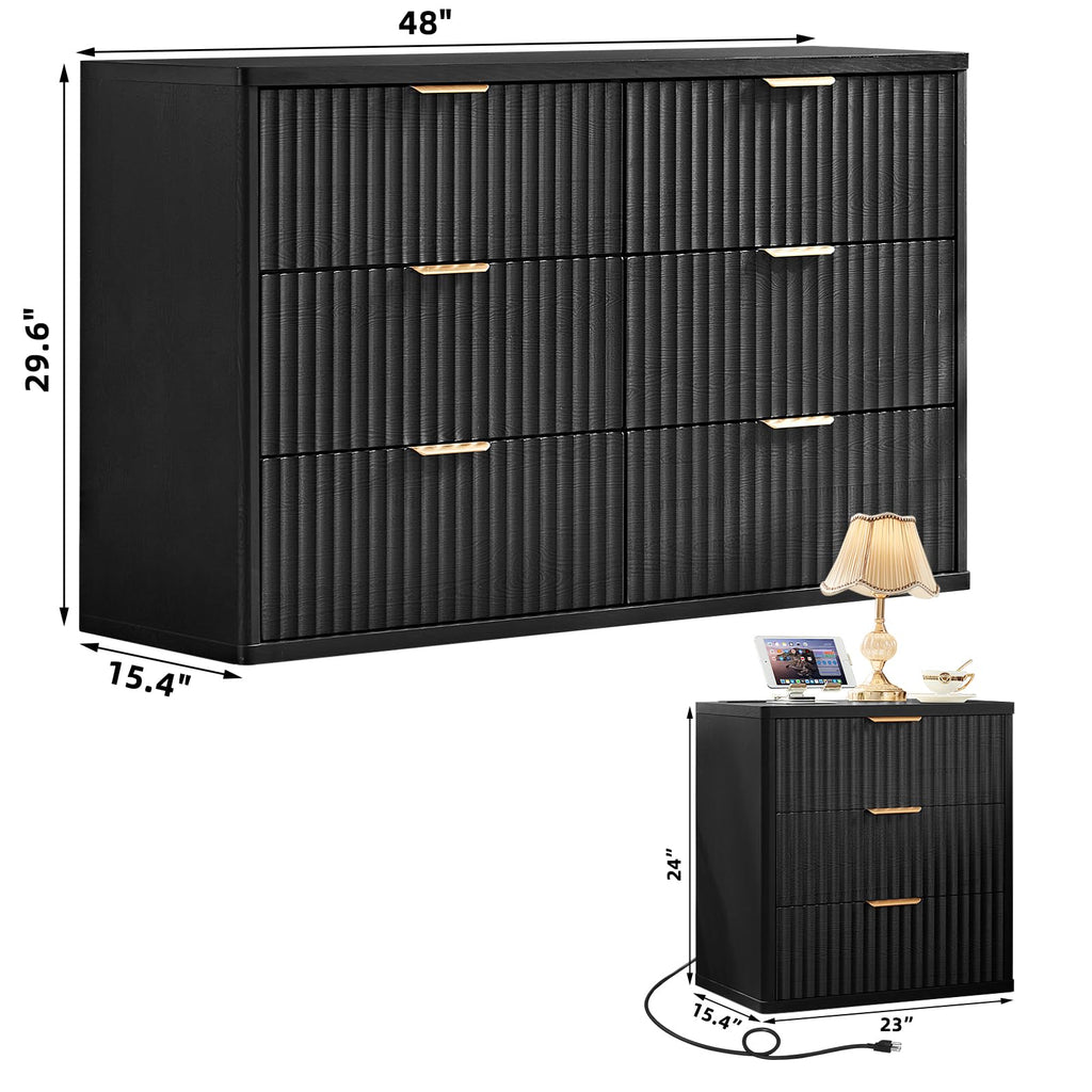 LEYAOYAO Fluted Dresser and Nightstand Sets, Wood 48" Wide Dresser & 23" Night Stand with Charging Station, 2 Piece Bedroom Furniture Set, Chest of Drawers for Bedroom,Living Room, Antique White