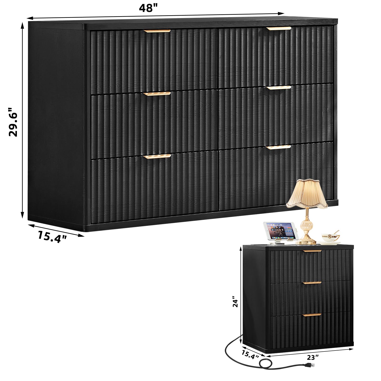 LEYAOYAO Fluted Dresser and Nightstand Sets, Wood 48" Wide Dresser & 23" Night Stand with Charging Station, 2 Piece Bedroom Furniture Set, Chest of Drawers for Bedroom,Living Room, Antique White