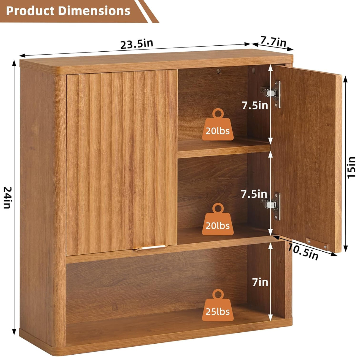 LEYAOYAO Fluted Bathroom Wall Cabinet, Wall-Mounted Medicine Cabinet w/Adjustable Shelf & Doors, Farmhouse Floating Over The Toilet Storage Cabinets for Laundry Room, Kitchen, Living Room (Tea Brown)