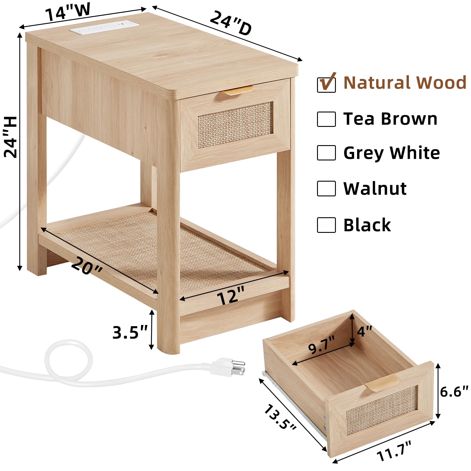 Lerliuo 24 x 14'' Narrow Night Stand Set 2 with Charger USB Ports