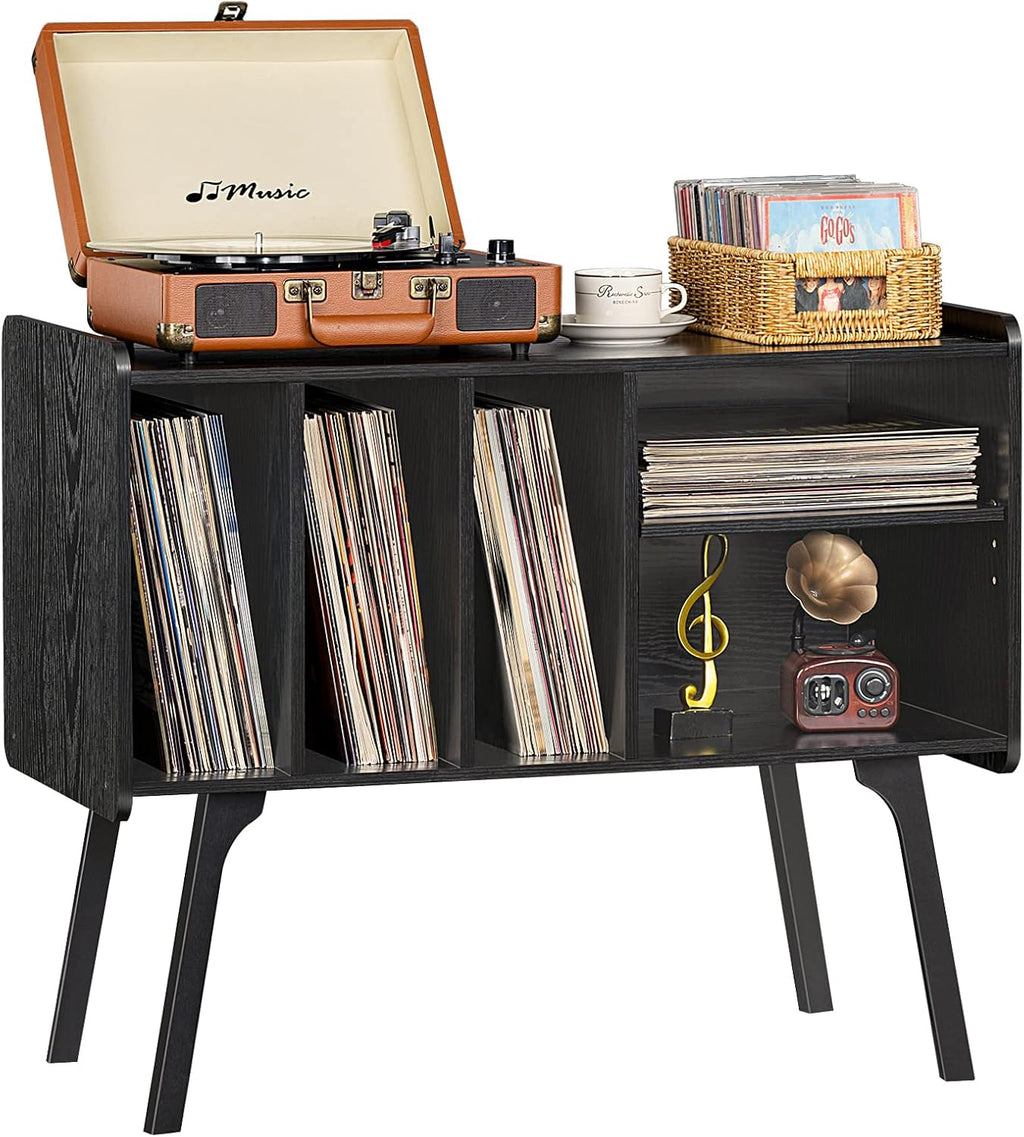 Lerliuo Record Player Stand with 4 Cabinet Holds Up to 220 Albums, Large Black Turntable Stand with Beech Wood Legs, Mid-Century Record Player Table, Vinyl Holder Storage Shelf for Bedroom Living Room