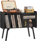 Lerliuo Record Player Stand with 4 Cabinet Holds Up to 220 Albums, Large Black Turntable Stand with Beech Wood Legs, Mid-Century Record Player Table, Vinyl Holder Storage Shelf for Bedroom Living Room