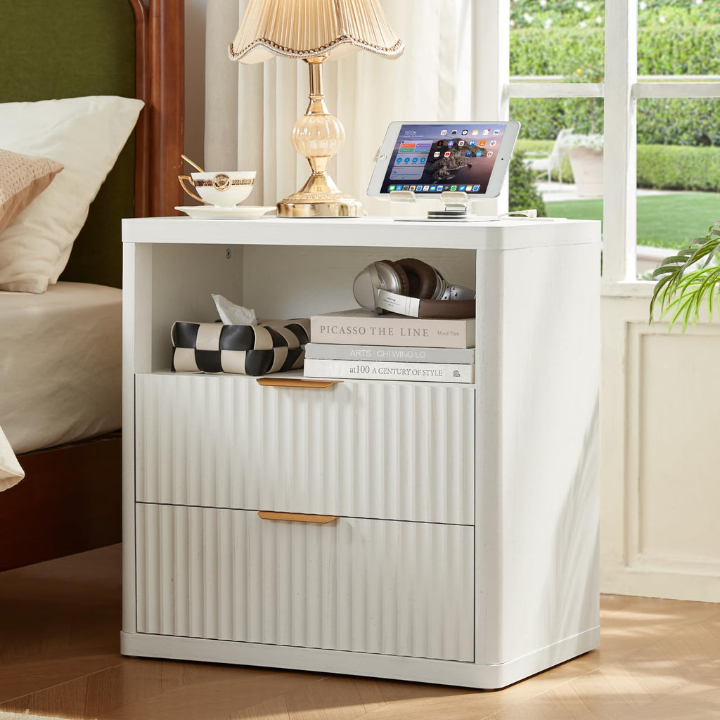 LEYAOYAO Vanity Mirror with Lights and Night Stand Sets, 43.5" Fluted Makeup Vanity with 6 Drawers and Power Outlet, 3 Drawers 23" End Side Table, Natural Wood Makeup Table Bedroom Furniture Set of 2