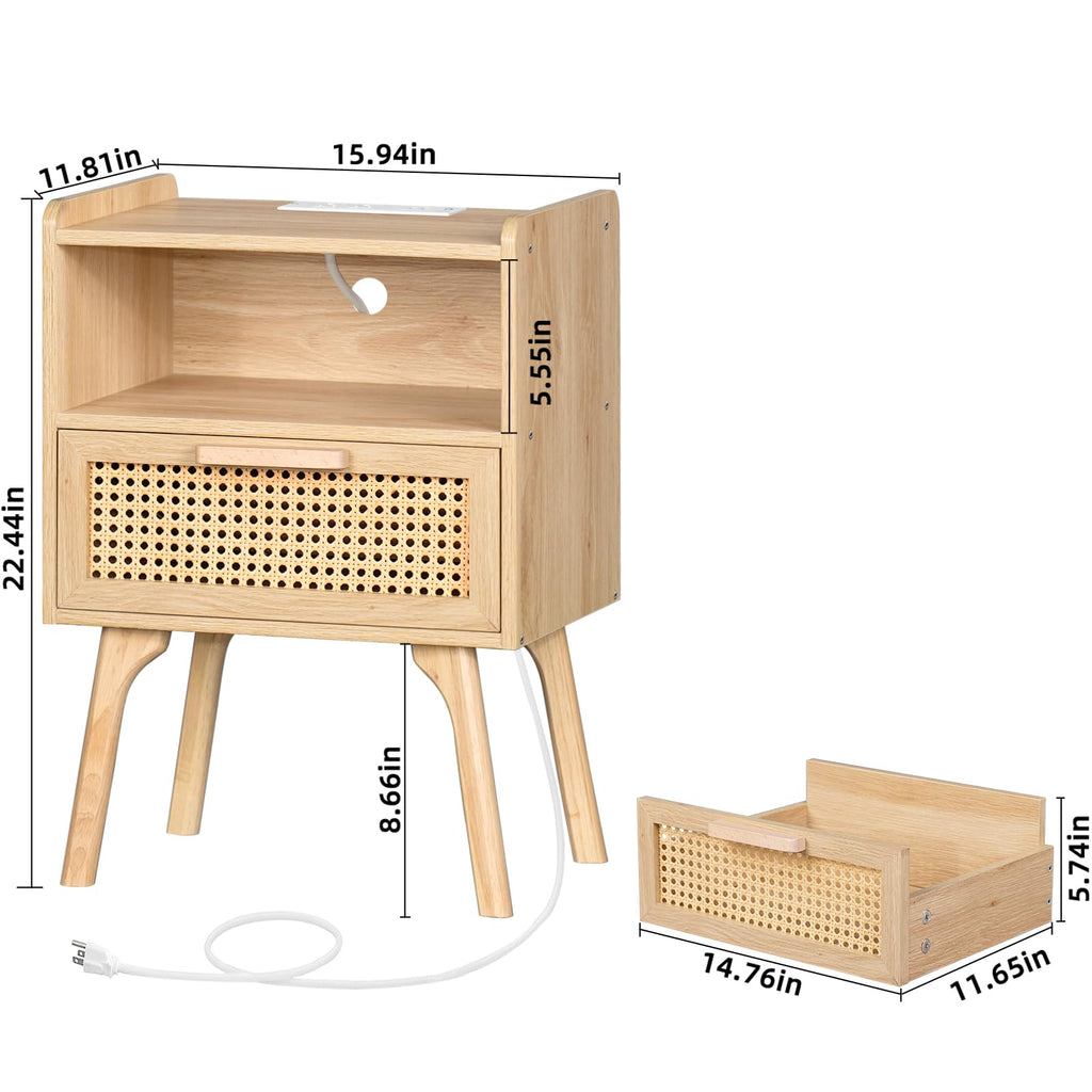 Lerliuo Rattan Nightstand, Boho Side Table with Drawer Open Shelf