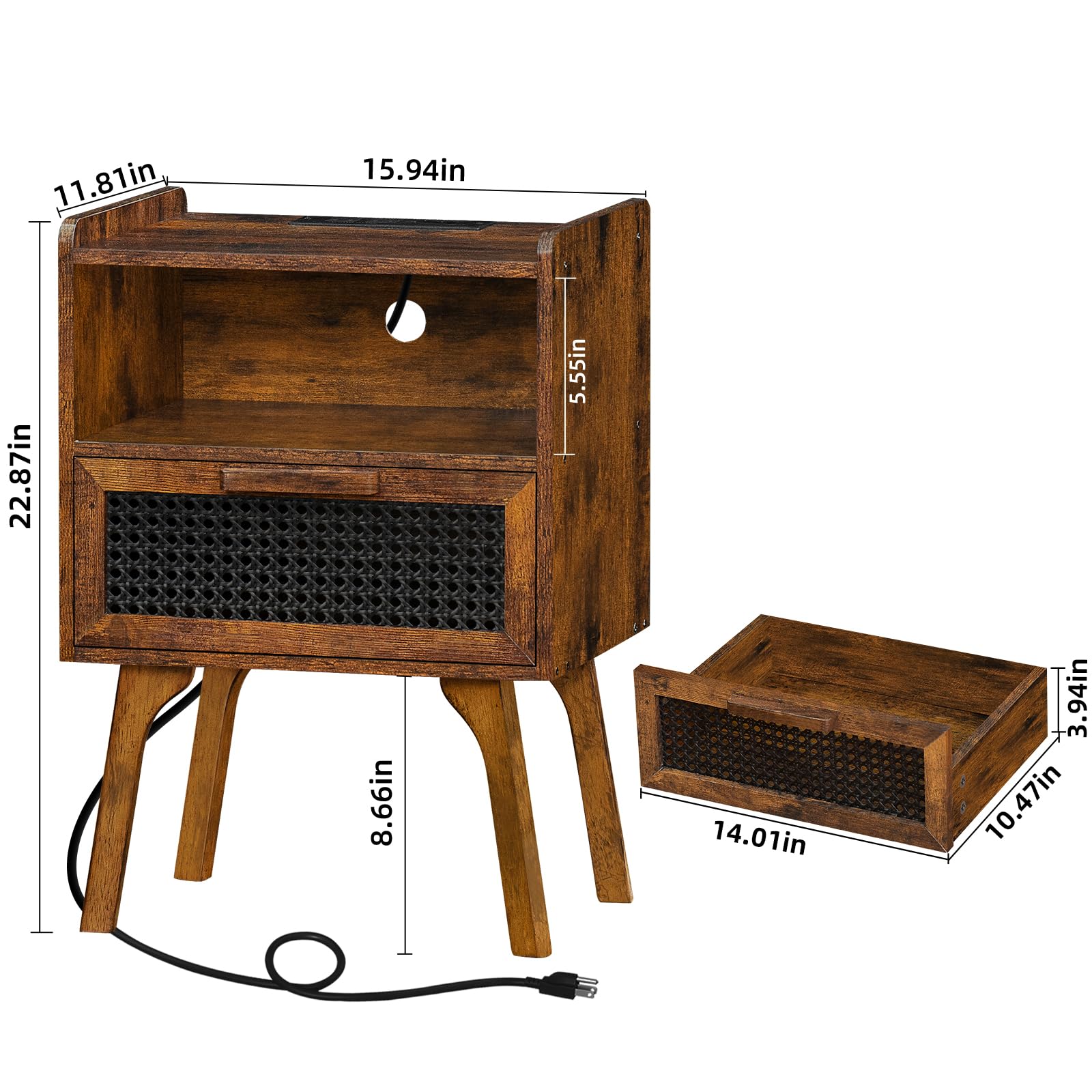 Lerliuo Rattan Nightstand with Charging Station, Boho Night Stand