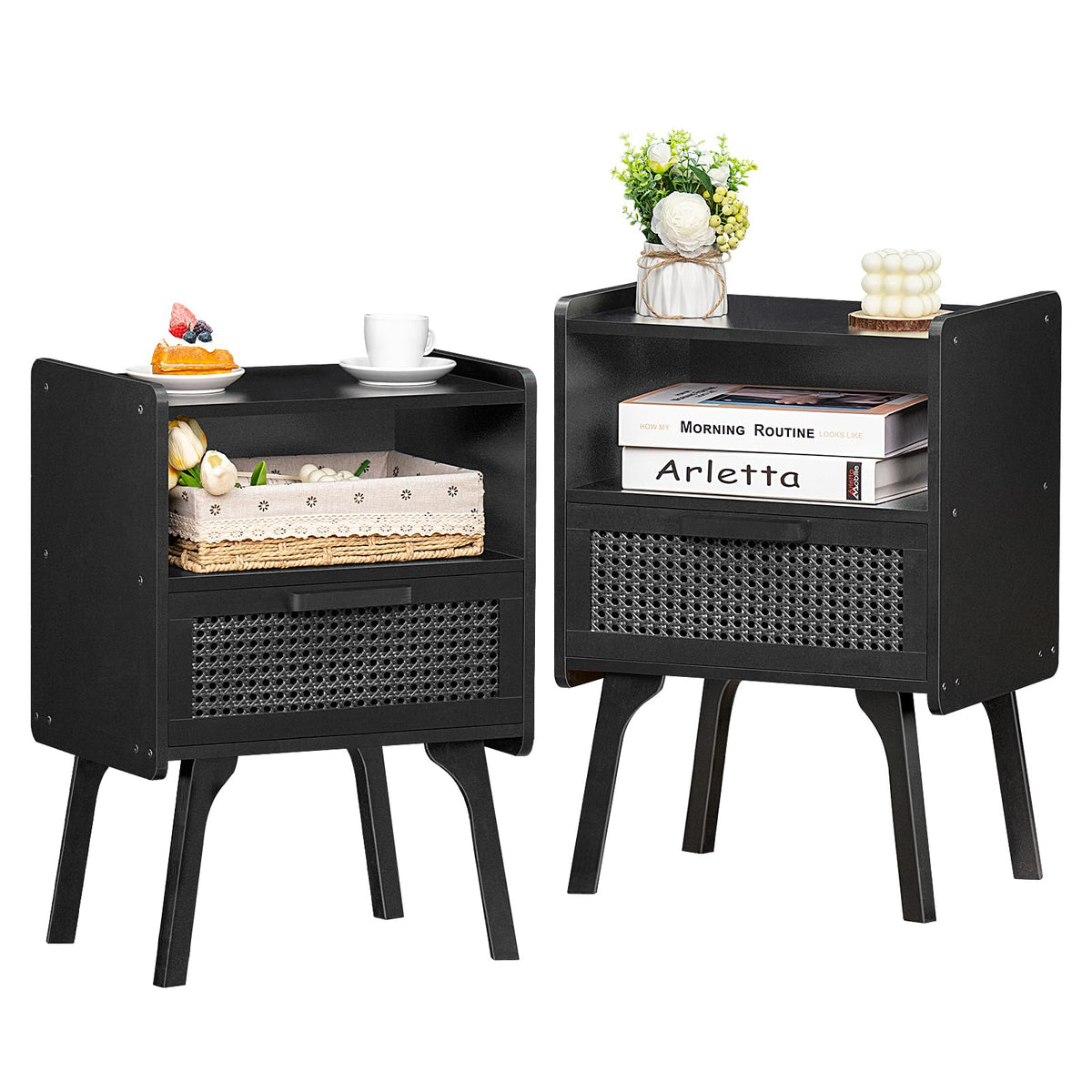Lerliuo Rattan Nightstand, Boho Side Table with Drawer Open Shelf