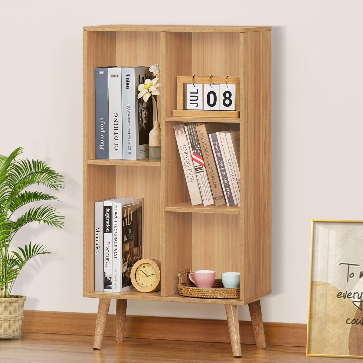 LEYAOYAO Cube Bookshelf, Mid-Century Modern Book Shelf with Legs, Brown
