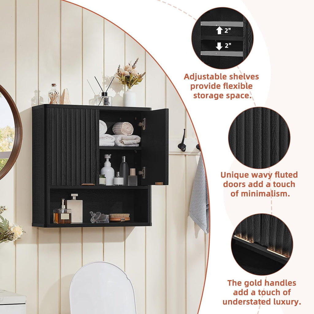 LEYAOYAO Fluted Over The Toilet Storage Cabinet & Bathroom Wall Cabinet Set of 2, Farmhouse Above Toilet Organizer, Medicine Cabinet w/Adjustable Shelf & Doors for Laundry Living Room Kitchen(Black)