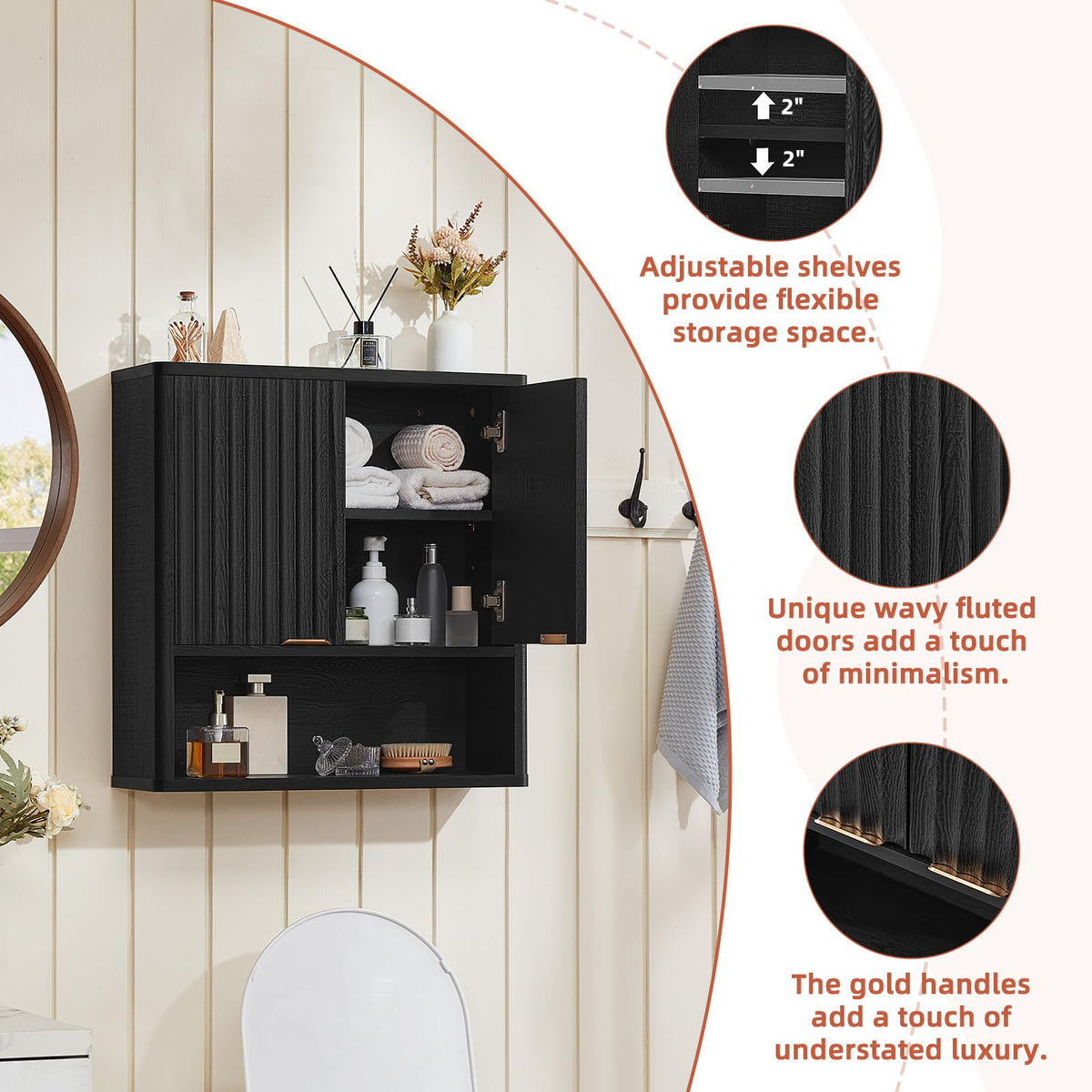 LEYAOYAO Fluted Over The Toilet Storage Cabinet & Bathroom Wall Cabinet Set of 2, Farmhouse Above Toilet Organizer, Medicine Cabinet w/Adjustable Shelf & Doors for Laundry Living Room Kitchen(Black)