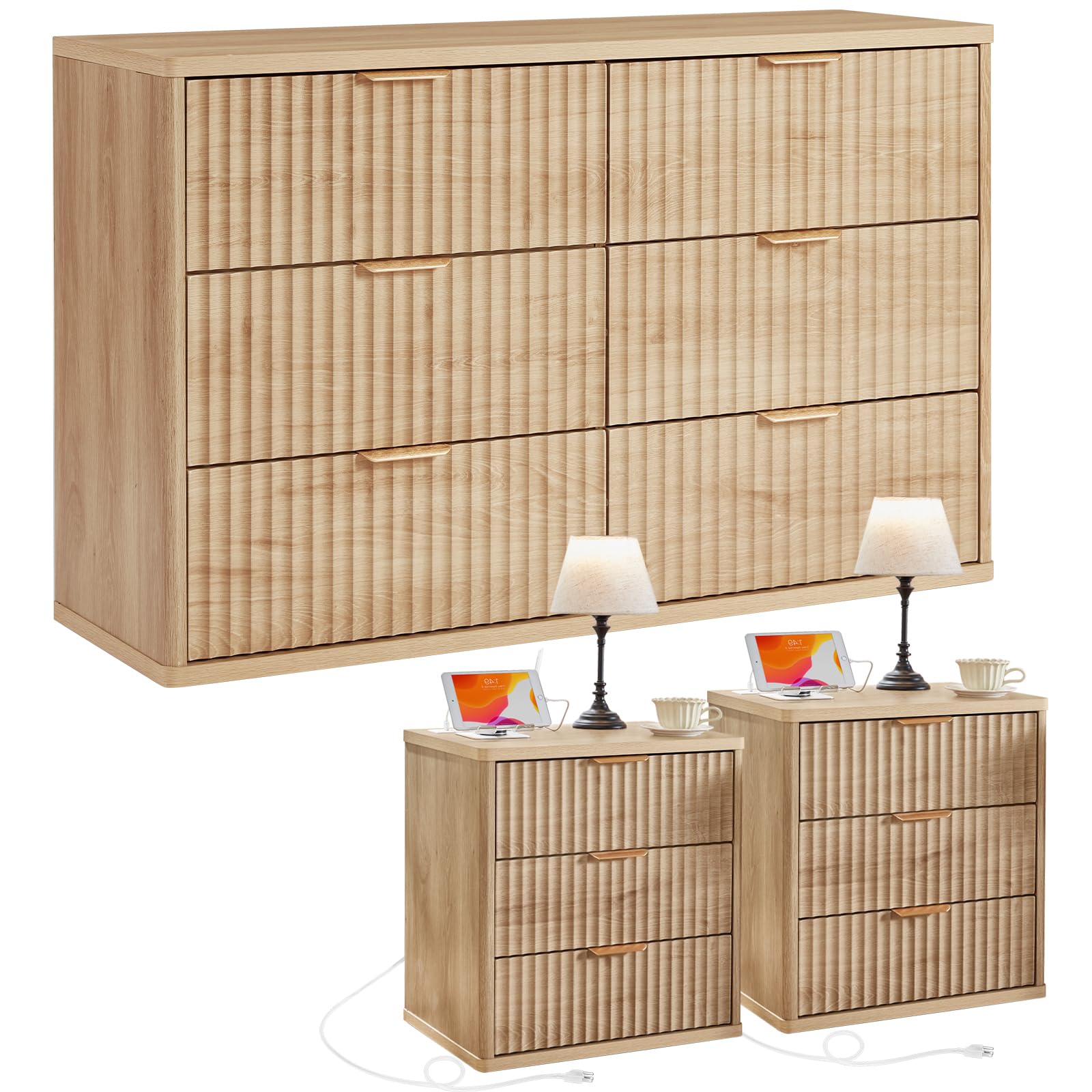 LEYAOYAO 48" Wide Fluted Dresser and 1 Drawers 23" Nightstand Set of 2, Wooden Dresser & Night Stand with Charging Station, 3 Piece Bedroom Furniture Set, Chest of Drawer for Living Room,Antique White