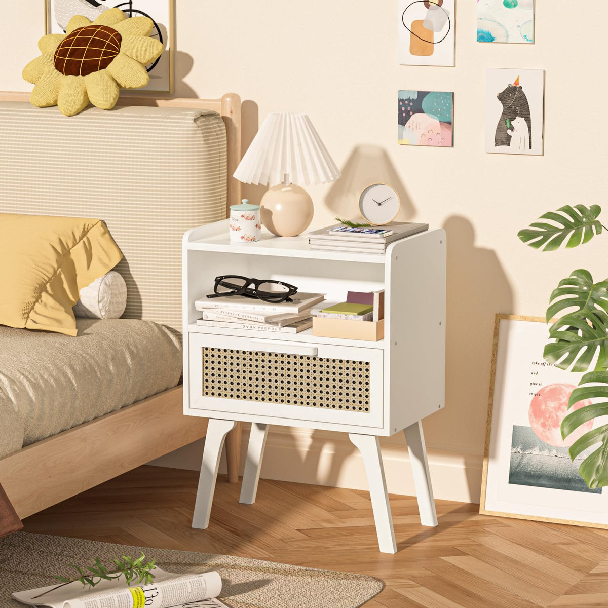 Lerliuo Rattan Nightstand, Boho Side Table with Drawer Open Shelf