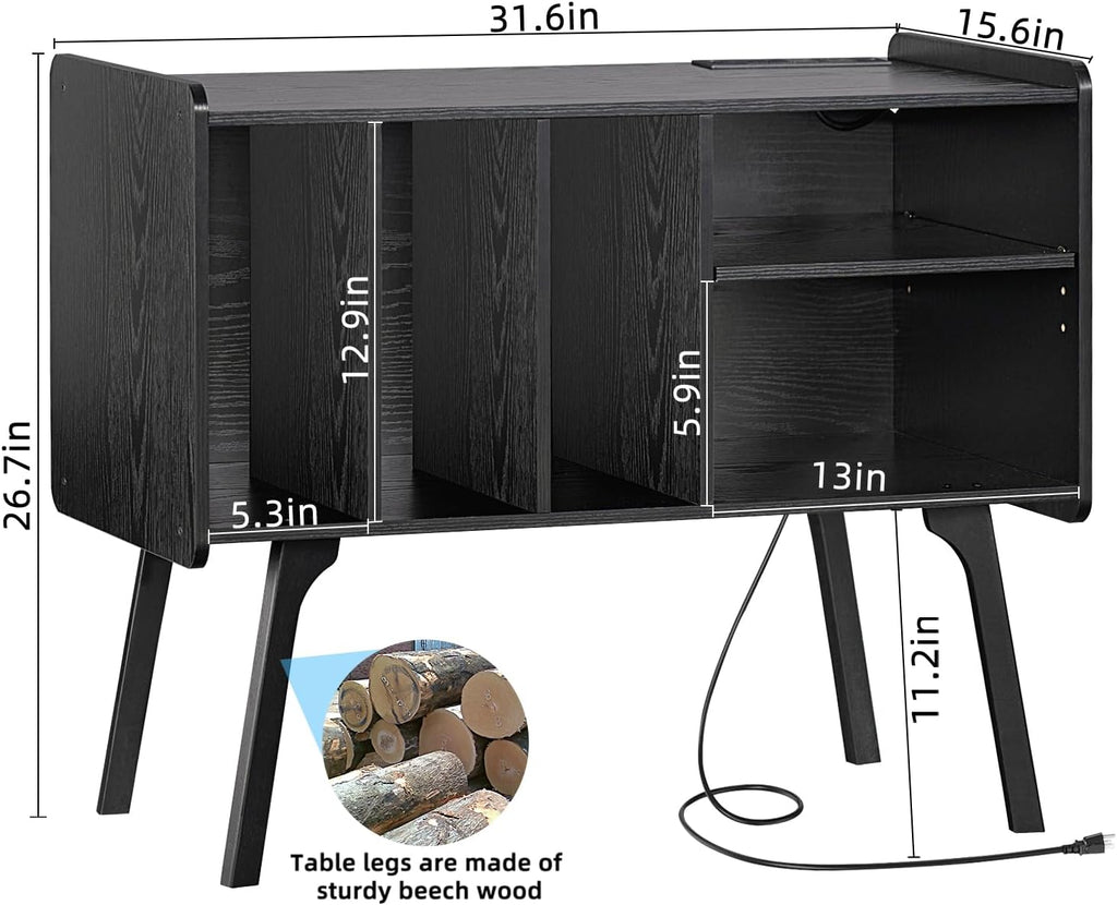 Lerliuo Record Player Stand with Charging Station Up to 220 Albums,Black