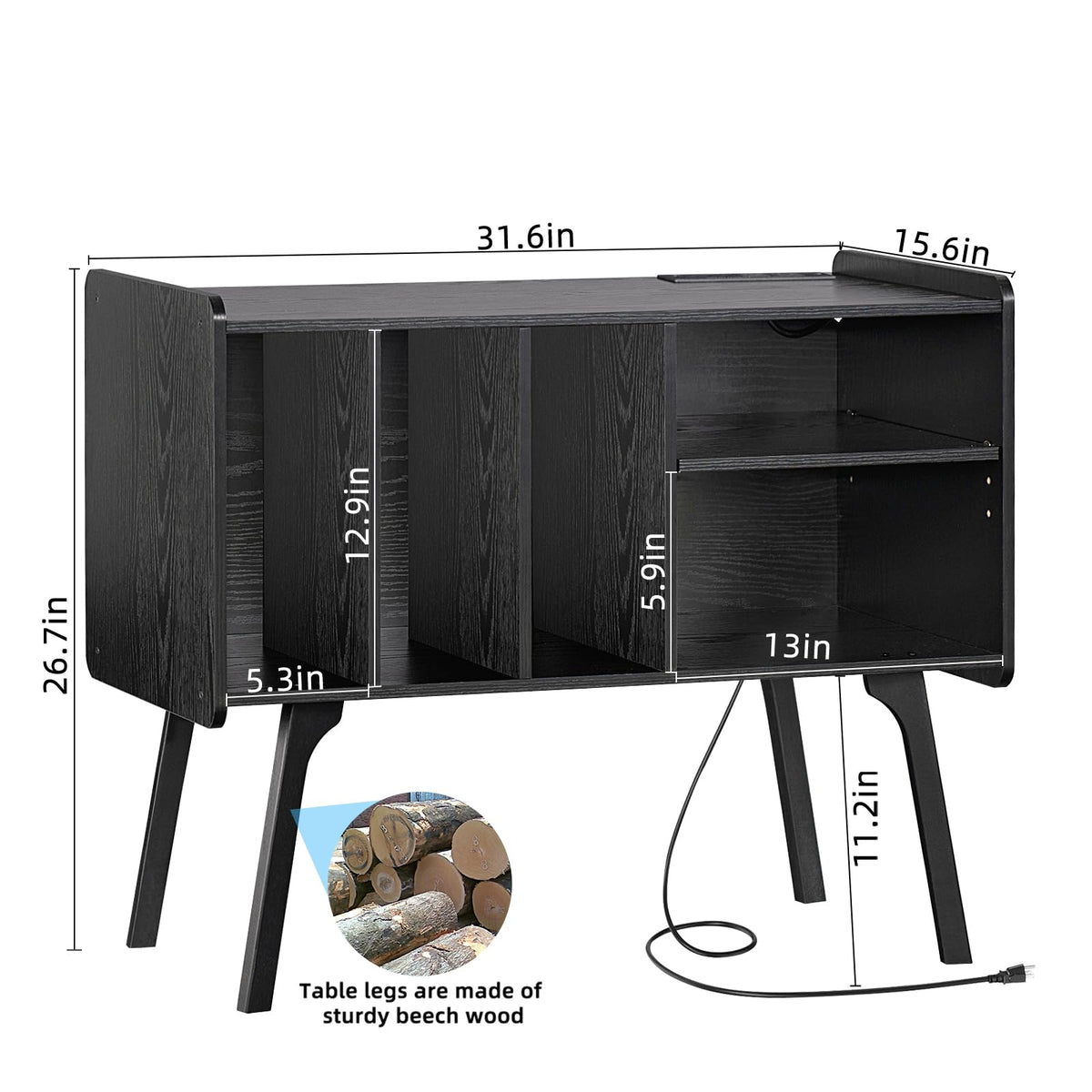 Lerliuo Record Player Stand with Charging Station Up to 220 Albums,Black
