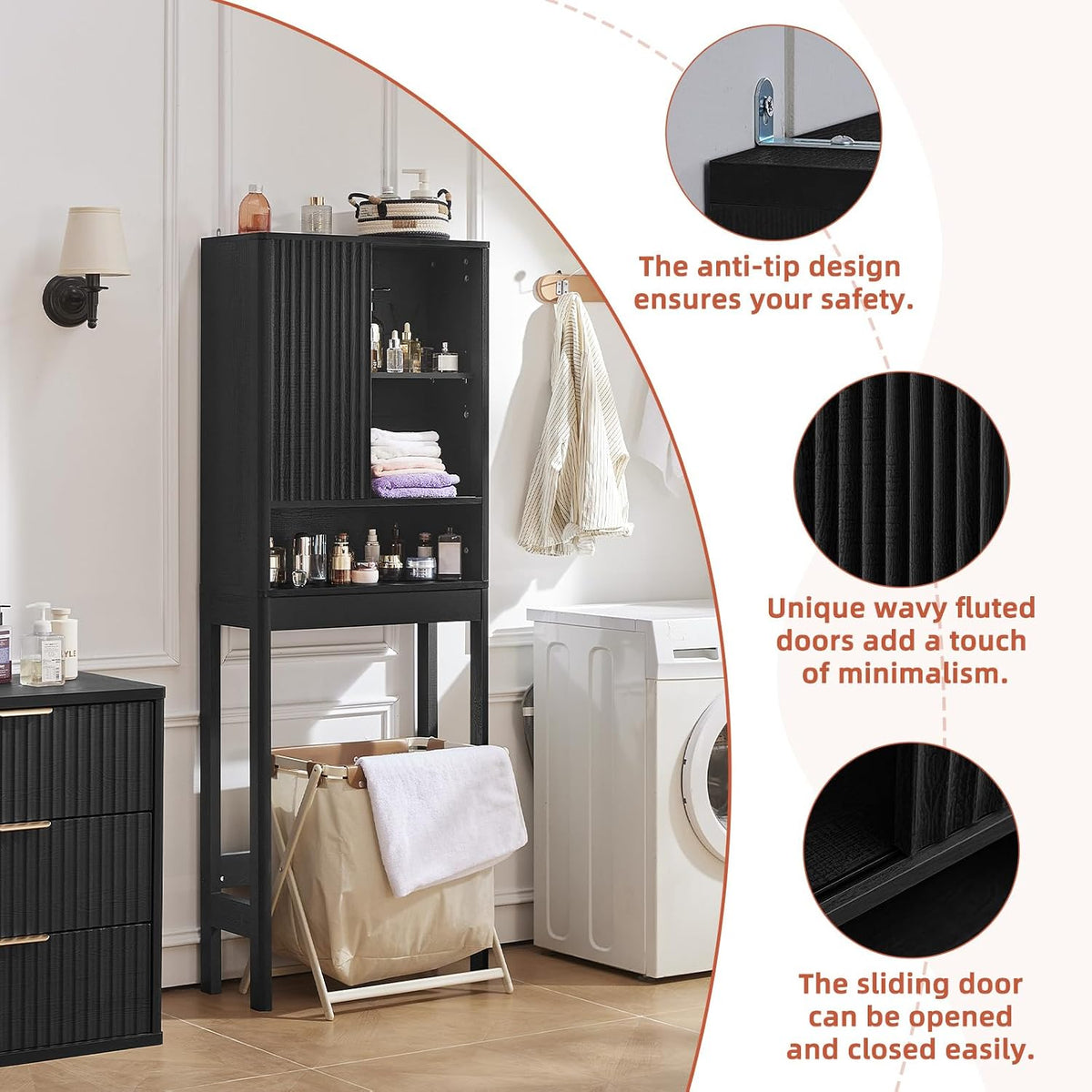 LEYAOYAO Fluted Over The Toilet Storage Cabinet & Bathroom Wall Cabinet Set of 2, Farmhouse Above Toilet Organizer, Medicine Cabinet w/Adjustable Shelf & Doors for Laundry Living Room Kitchen(Black)