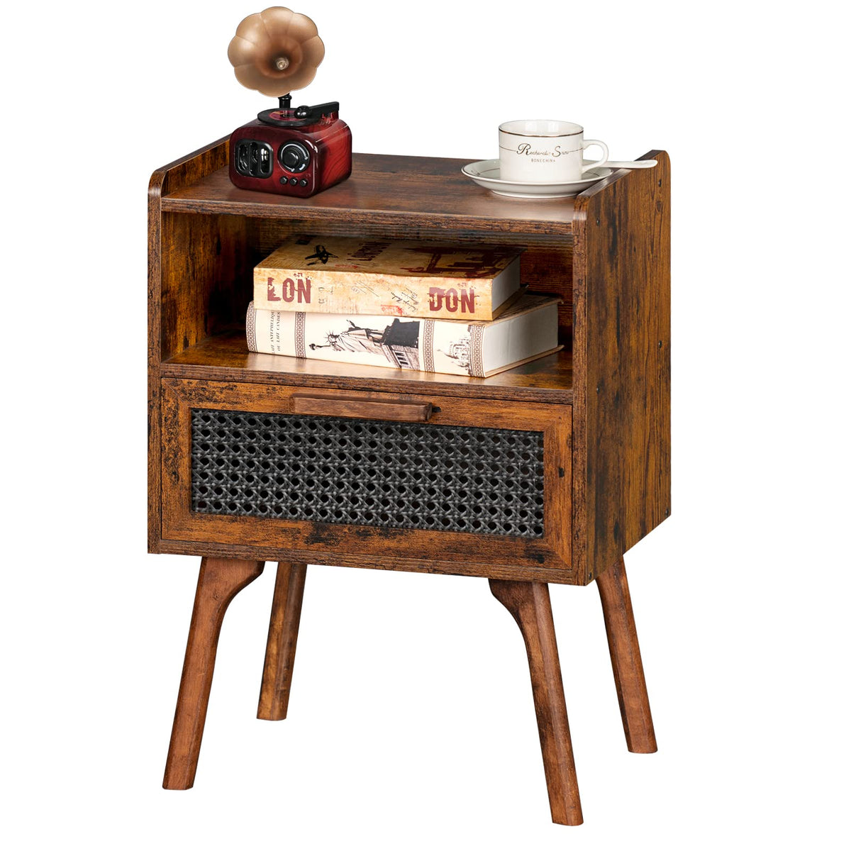 Lerliuo Rattan Nightstand, Boho Side Table with Drawer Open Shelf