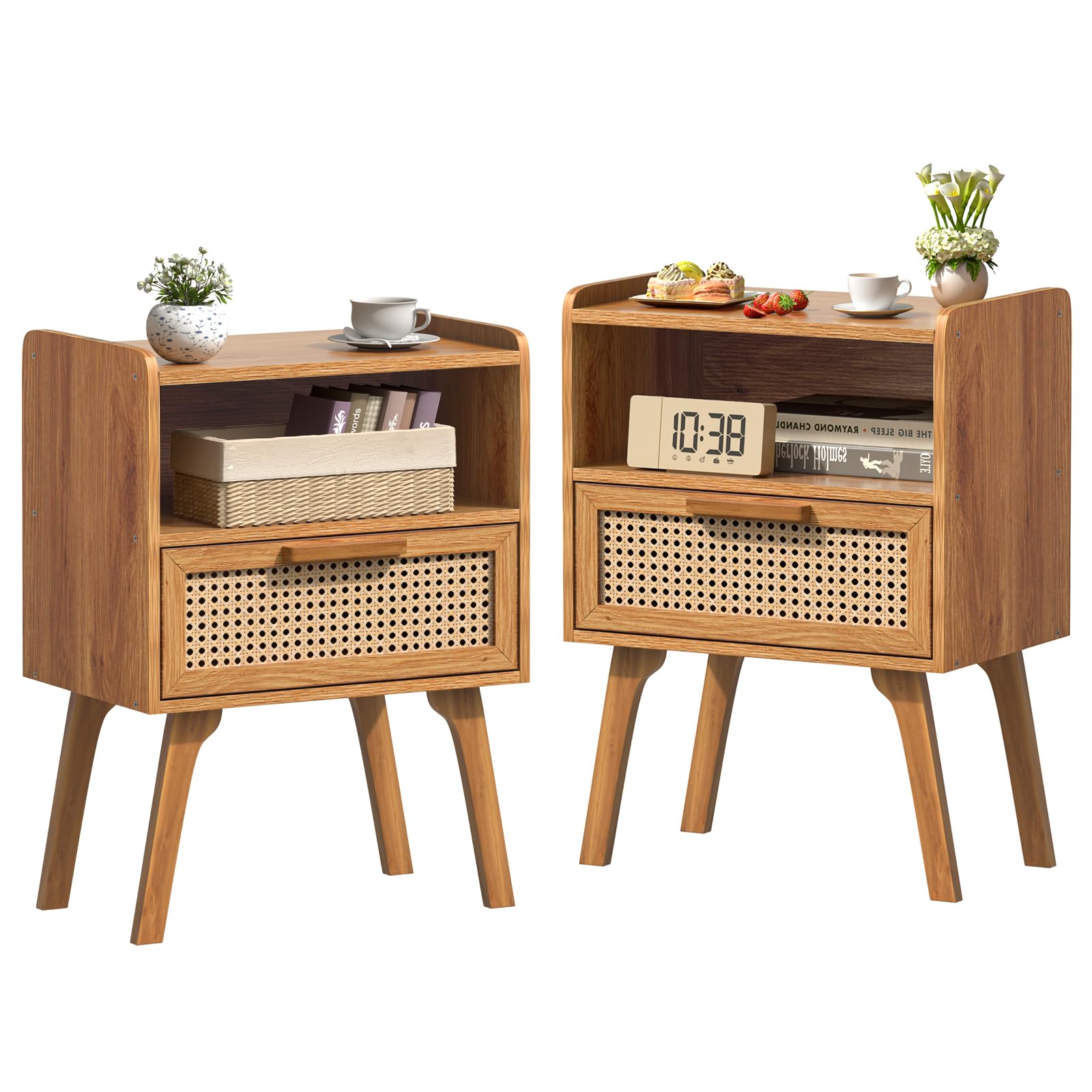 Lerliuo Rattan Nightstand, Boho Side Table with Drawer Open Shelf