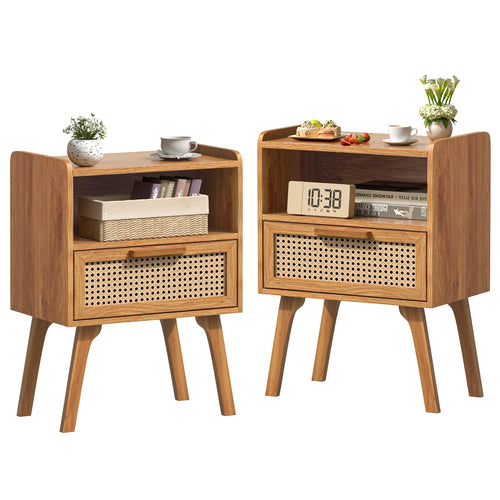 Lerliuo Rattan Nightstand, Boho Side Table with Drawer Open Shelf
