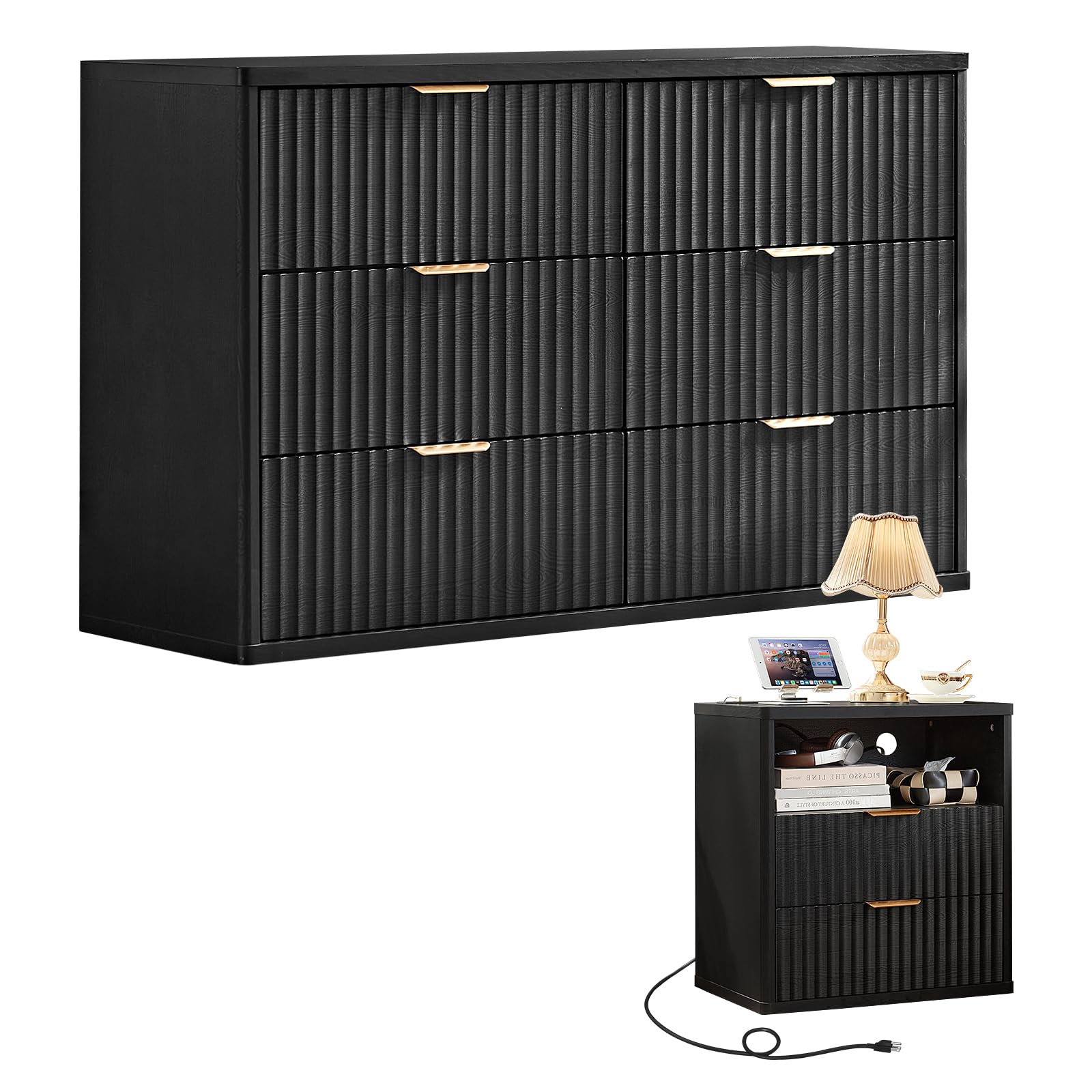 LEYAOYAO Fluted Dresser and 2 Drawers Nightstand Set of 2, Wood 48" Wide Dresser & 23" Night Stand with Charging Station, 3 Piece Bedroom Furniture Set, Chest of Drawers for Living Room,Antique White