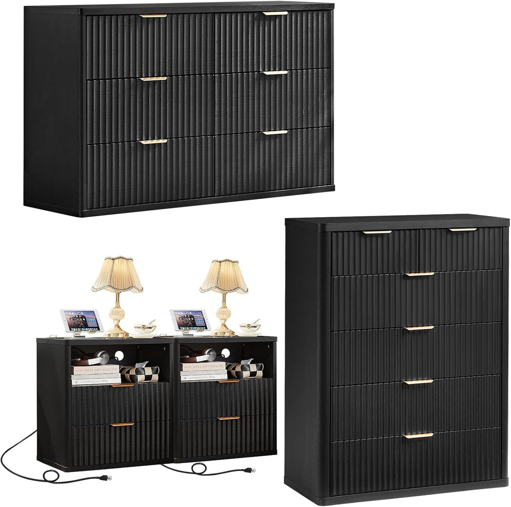 LEYAOYAO Fluted Dressers & Nightstand Set of 4, Wood 48" Wide Dresser & 42" Tall Chest of Drawers,Modern Bedroom Furniture Sets, Black Wooden Nightstand Set of 2 with 2 Drawers & Charging Station