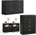 LEYAOYAO Fluted Dressers & Nightstand Set of 4, Wood 48" Wide Dresser & 42" Tall Chest of Drawers,Modern Bedroom Furniture Sets, Black Wooden Nightstand Set of 2 with 2 Drawers & Charging Station