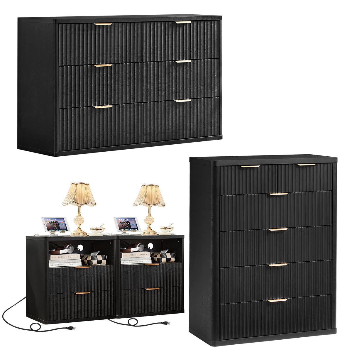 LEYAOYAO Fluted Dressers & Nightstand Set of 4, Wood 48" Wide Dresser & 42" Tall Chest of Drawers,Modern Bedroom Furniture Sets, Black Wooden Nightstand Set of 2 with 2 Drawers & Charging Station