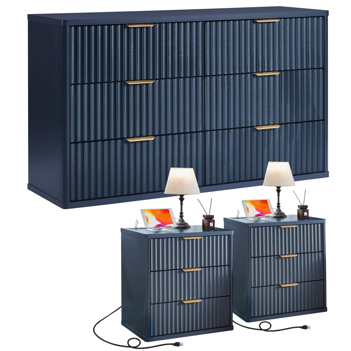 LEYAOYAO Fluted Dressers & Nightstand Set of 4, Wood 48" Wide Dresser & 42" Tall Chest of Drawers,Modern Bedroom Furniture Sets, Natural Wooden Nightstand Set of 2 with 3 Drawers & Charging Station