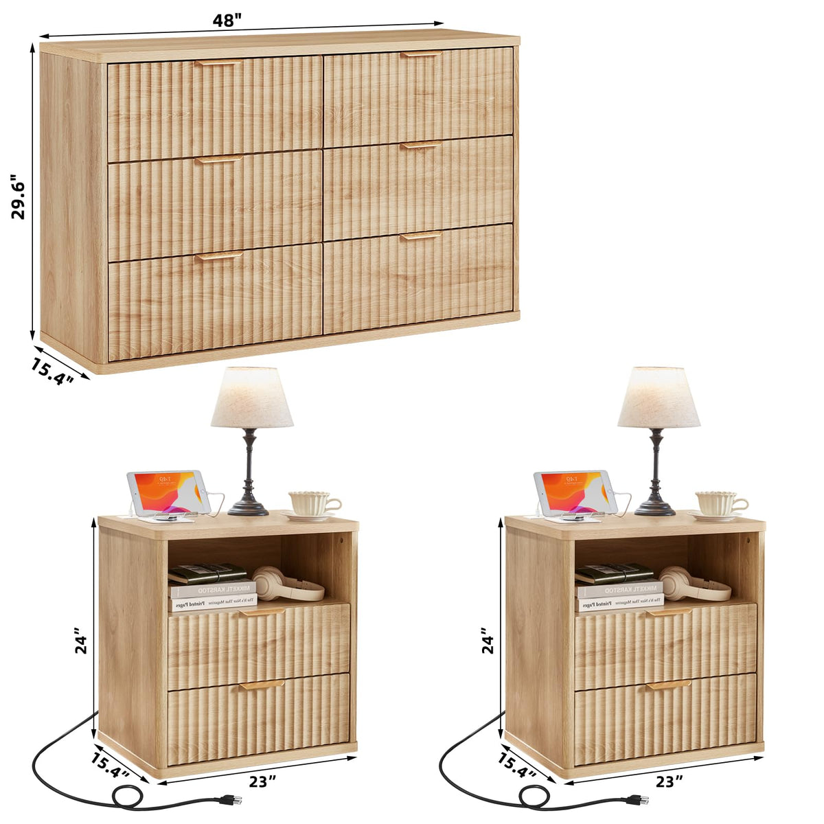 LEYAOYAO Fluted Dressers & Nightstand Set of 4, Wood 48" Wide Dresser & 42" Tall Chest of Drawers,Modern Bedroom Furniture Sets, Black Wooden Nightstand Set of 2 with 2 Drawers & Charging Station