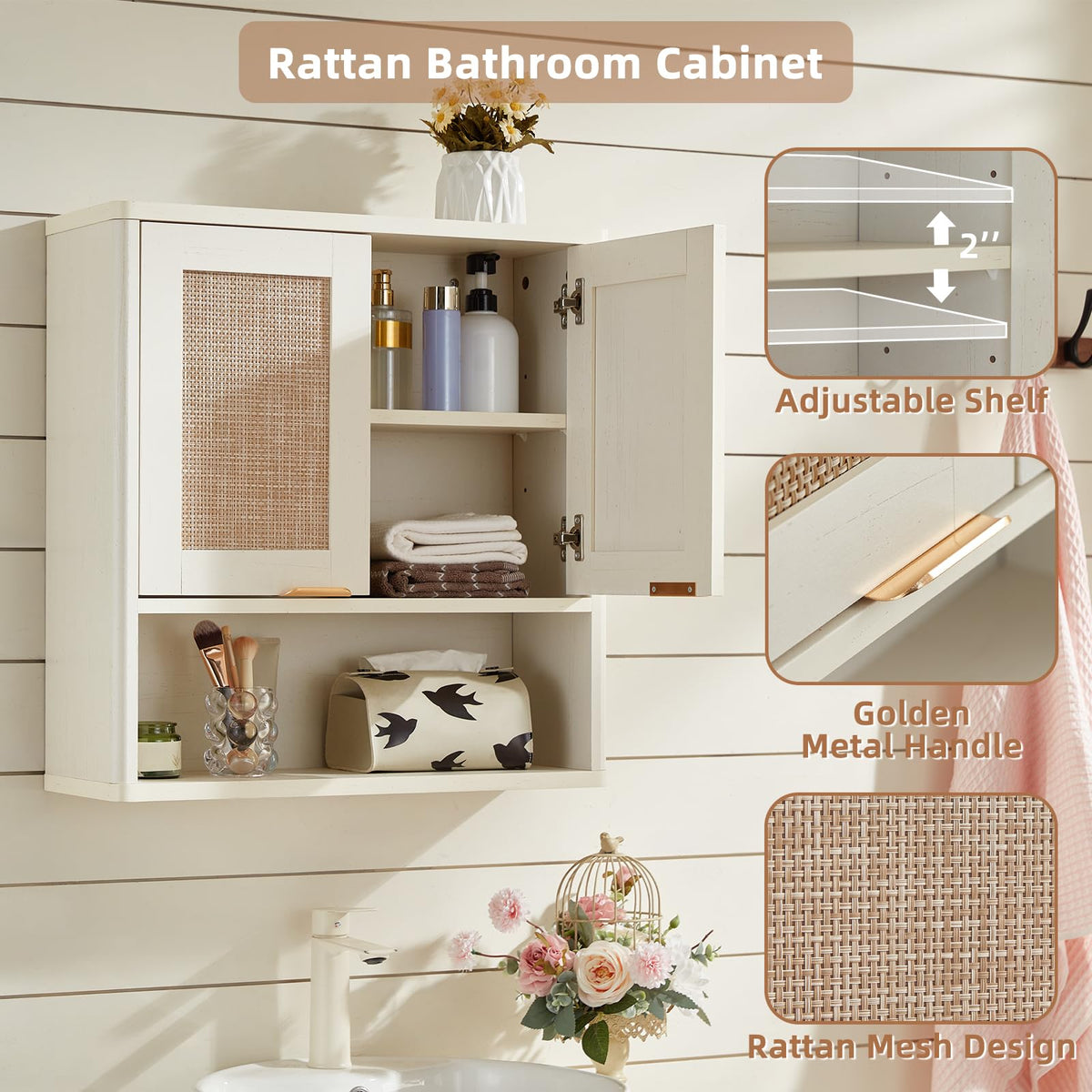 LEYAOYAO 68" Boho Over the Toilet Storage Cabinet with Rattan Sliding Door