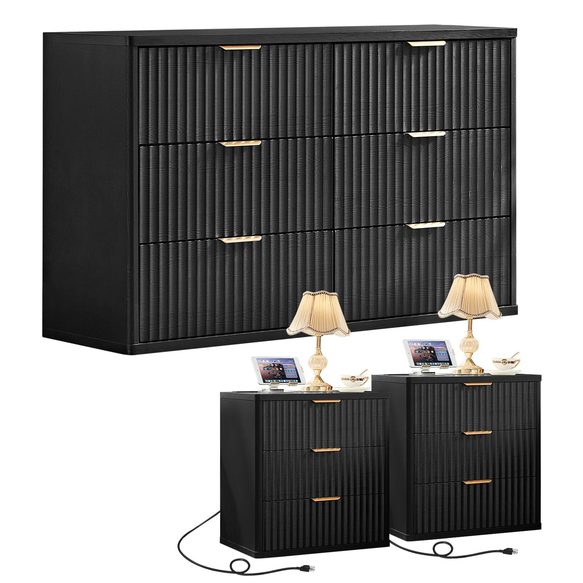 LEYAOYAO 48" Wide Fluted Dresser and 1 Drawers 23" Nightstand Set of 2, Wooden Dresser & Night Stand with Charging Station, 3 Piece Bedroom Furniture Set, Chest of Drawer for Living Room,Antique White