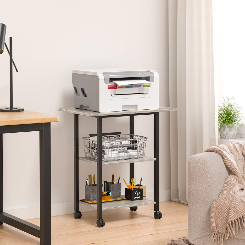 Lerliuo 3-Tier Printer Stand, Industrial Mobile Printer Table with Storage Shelf and Steel Frame, Rolling Printer Cart Holder with Lockable Wheels for Home, Office (White)