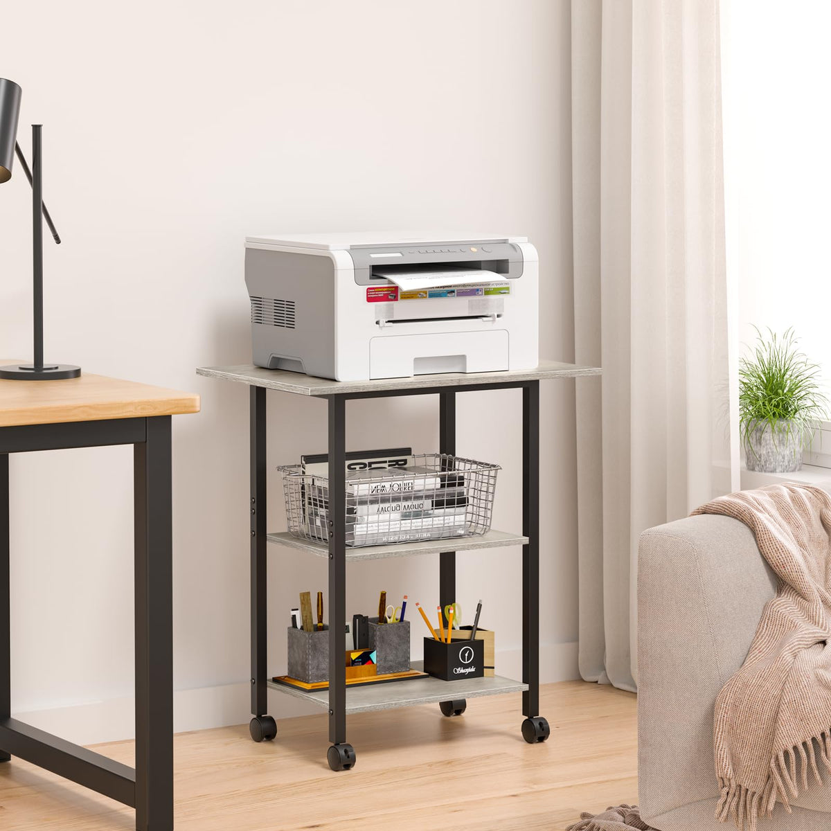 Lerliuo 3-Tier Printer Stand, Industrial Mobile Printer Table with Storage Shelf and Steel Frame, Rolling Printer Cart Holder with Lockable Wheels for Home, Office (White)