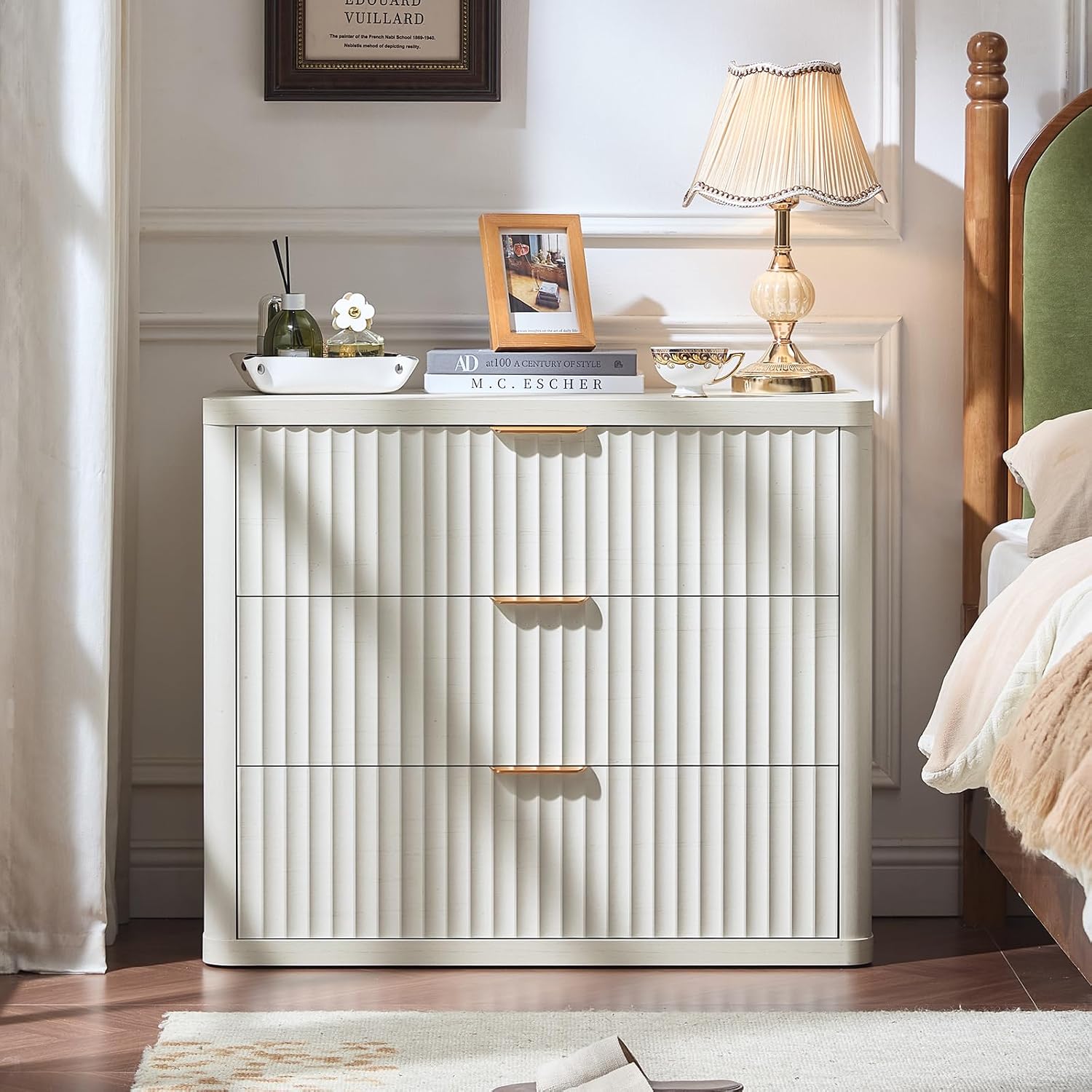 LEYAOYAO 31.5" Wide Fluted Nightstand, Oversized Night Stand, Antique White