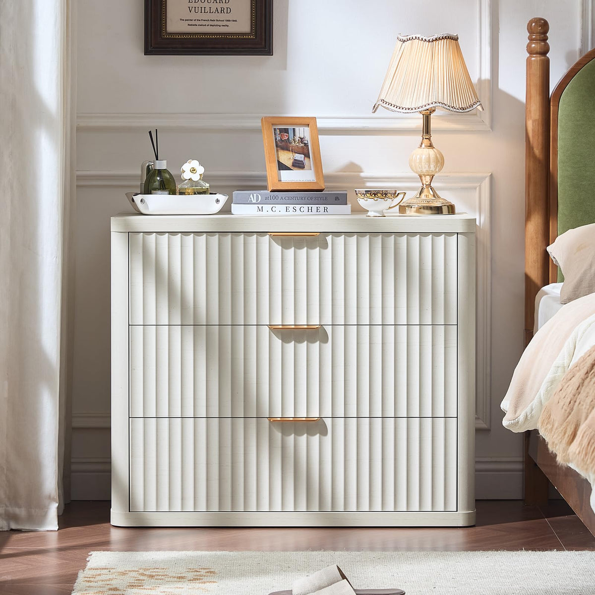 LEYAOYAO 31.5" Wide Fluted Nightstand, Oversized Night Stand, Antique White