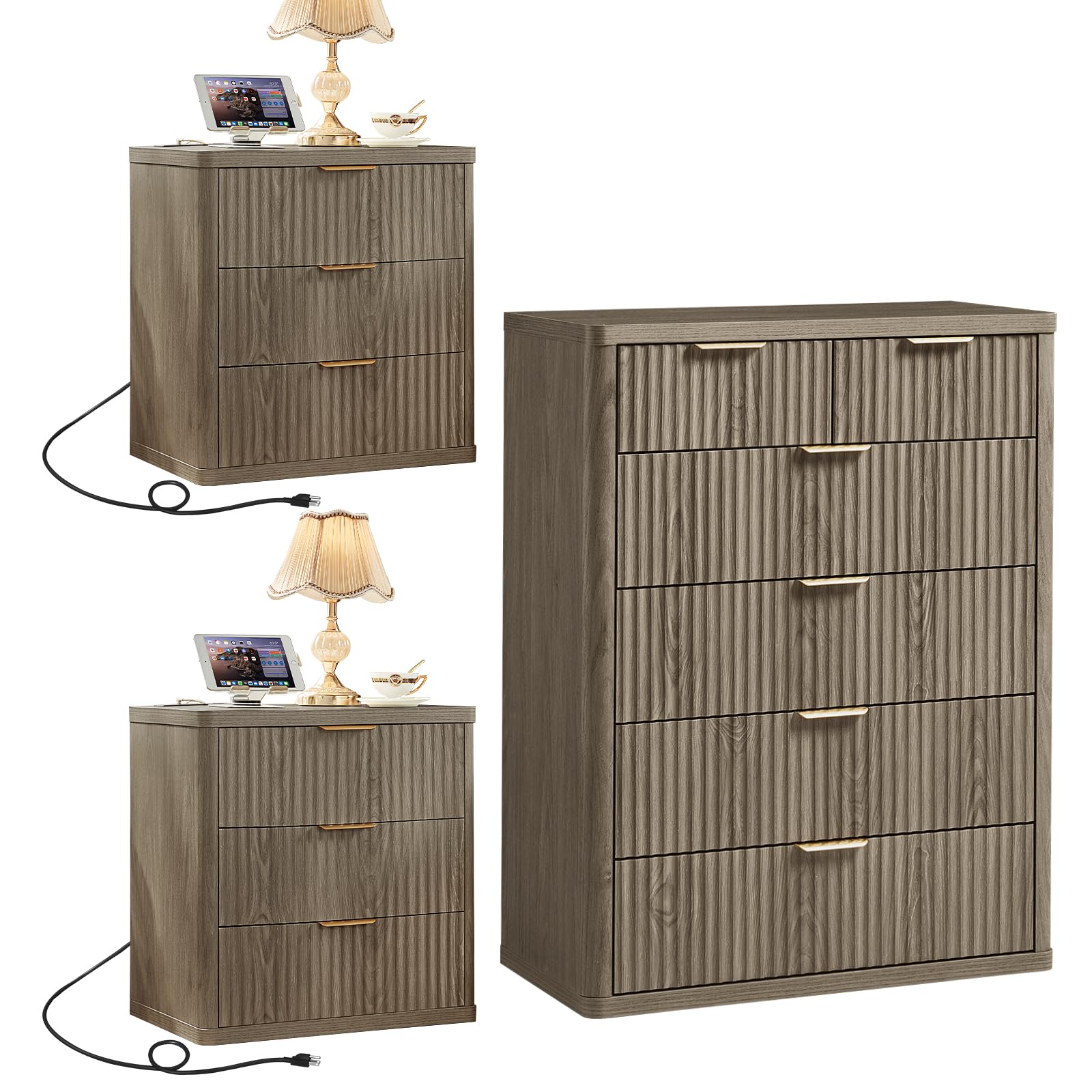LEYAOYAO Fluted Dressers & Nightstand Set of 4, Wood 48" Wide Dresser & 42" Tall Chest of Drawers,Modern Bedroom Furniture Sets, Natural Wooden Nightstand Set of 2 with 3 Drawers & Charging Station