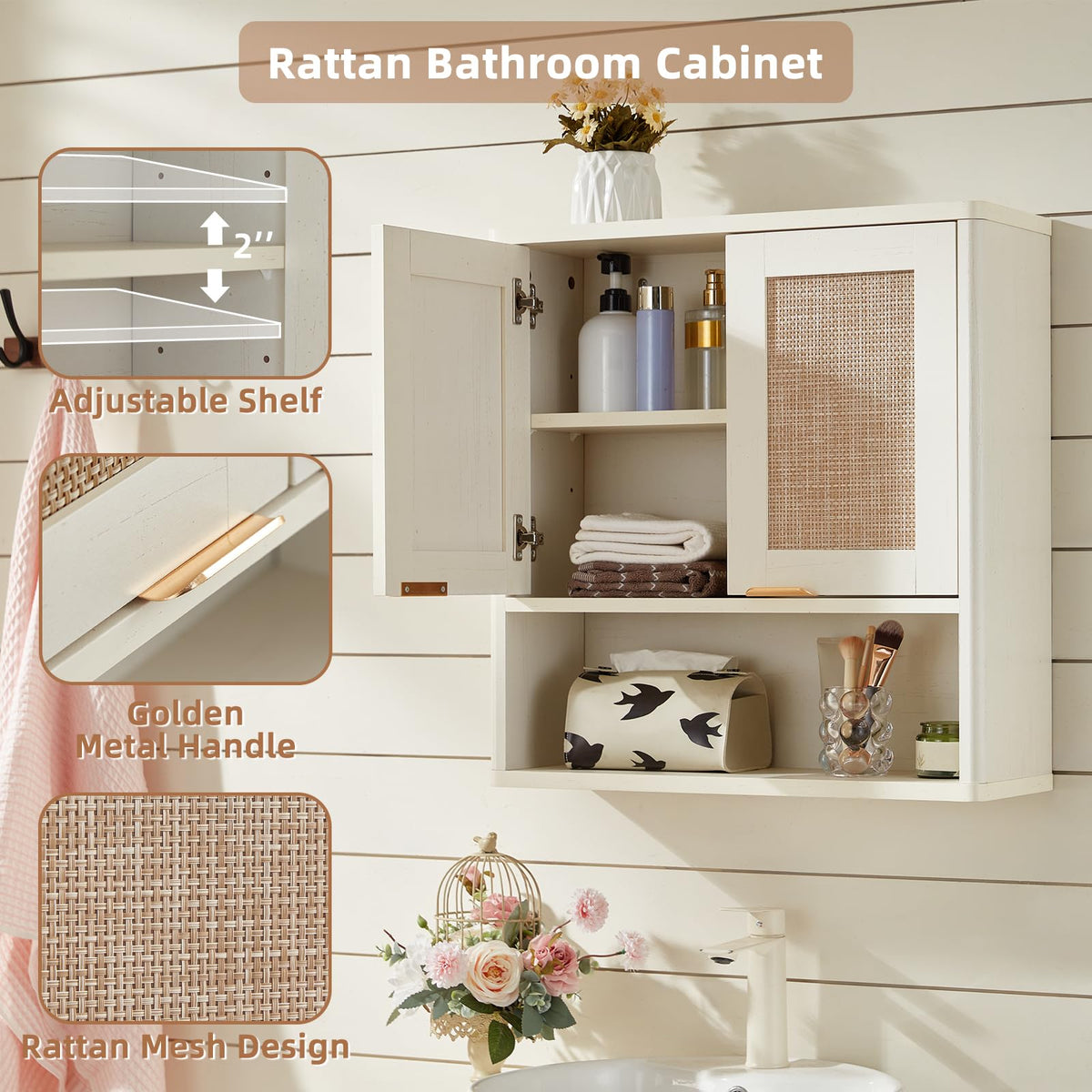 Lerliuo Rattan Bathroom Wall Cabinet, Boho Natural Medicine Cabinet with Adjustable Wood Shelf, 2 Doors Over The Toilet Storage Cabinets for Laundry Room, Kitchen, Living Room