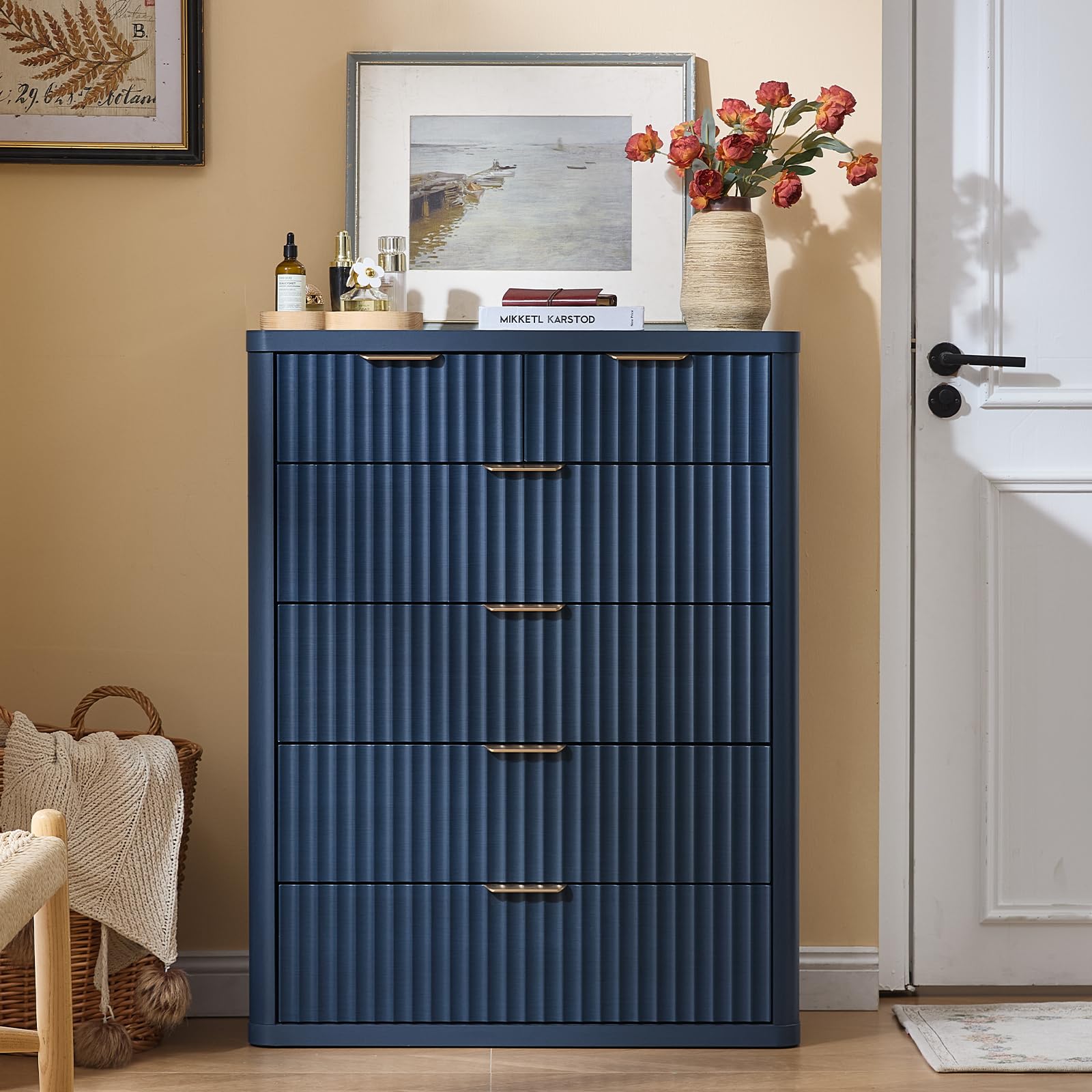 LEYAOYAO Fluted 6 Drawers Dresser for Bedroom Set of 2, 42" Tall Modern Chest of Drawer with Metal Handle, Curved Profile Design,Brown Wood Drawer Organizer for Bedroom, Living Room, Hallway