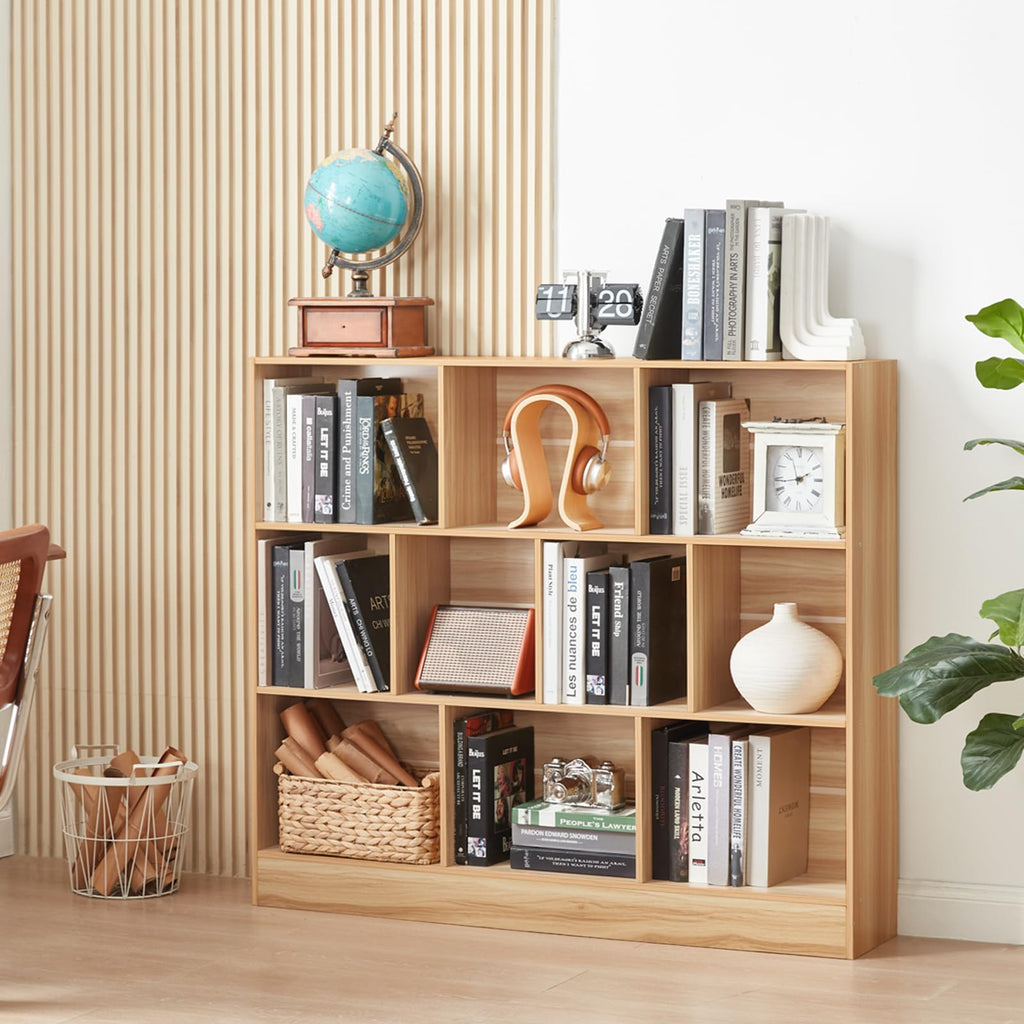 LEYAOYAO 7 Cube Bookshelf with Base,3 Tier Mid-Century Modern Blue Bookcase,Standing Wide Bookshelves Storage Organizer Shelf,Rustic Wood Display Cabinet Book Shelves for Bedroom,Living Room,Office